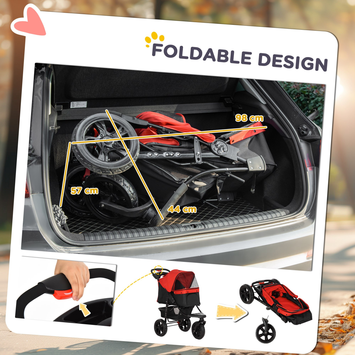PawHut Folding 3-Wheel Pet Stroller with Adjustable Canopy, Brake and Storage Basket – Small Dog Pushchair
