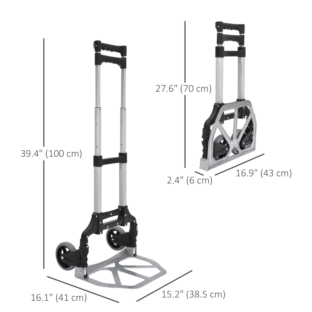 Folding Aluminium Hand Truck with 154lb Capacity – Adjustable Height Cargo Cart for Moving and Storage, Silver