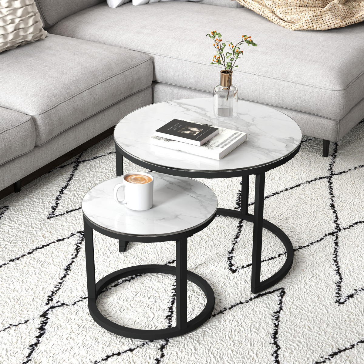HOMCOM Glass Coffee Table Set of 2 with Marble-Effect Tempered Glass Tops – Round Nest of Tables, White, Black
