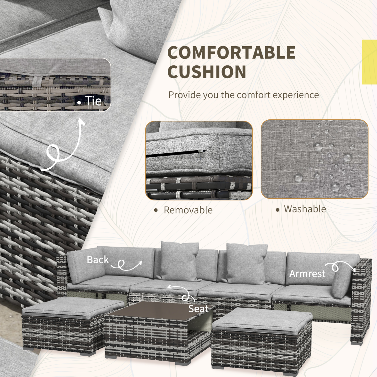 Outsunny 7-Piece Rattan Garden Furniture Set with Lift-Up Storage Shelves, Glass-Top Coffee Table & Stools – Patio Sofa Set, Mixed Grey