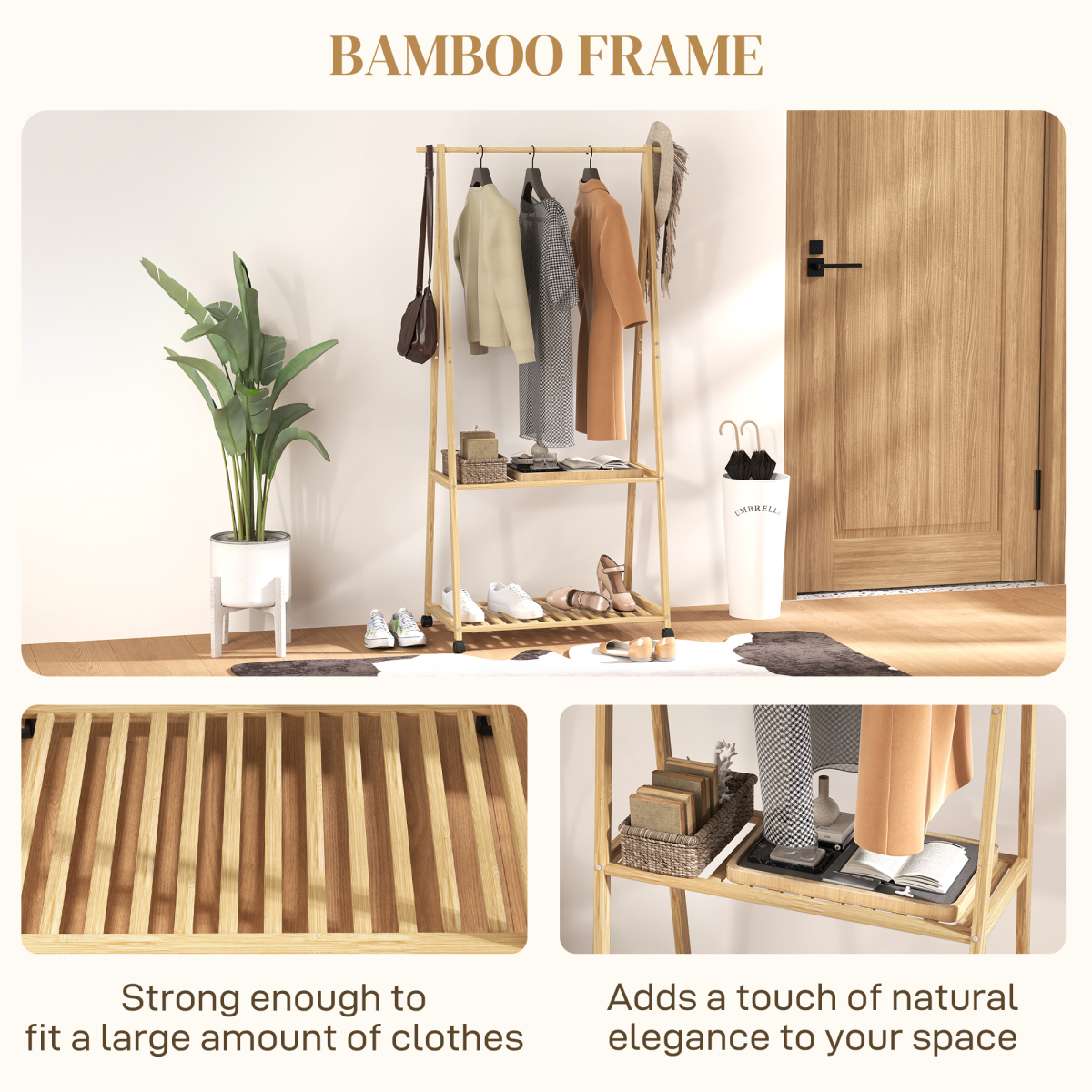 HOMCOM Bamboo Clothes Rail Rack with 2 Storage Shelves and Wheels – Compact Wardrobe, Natural Wood Effect