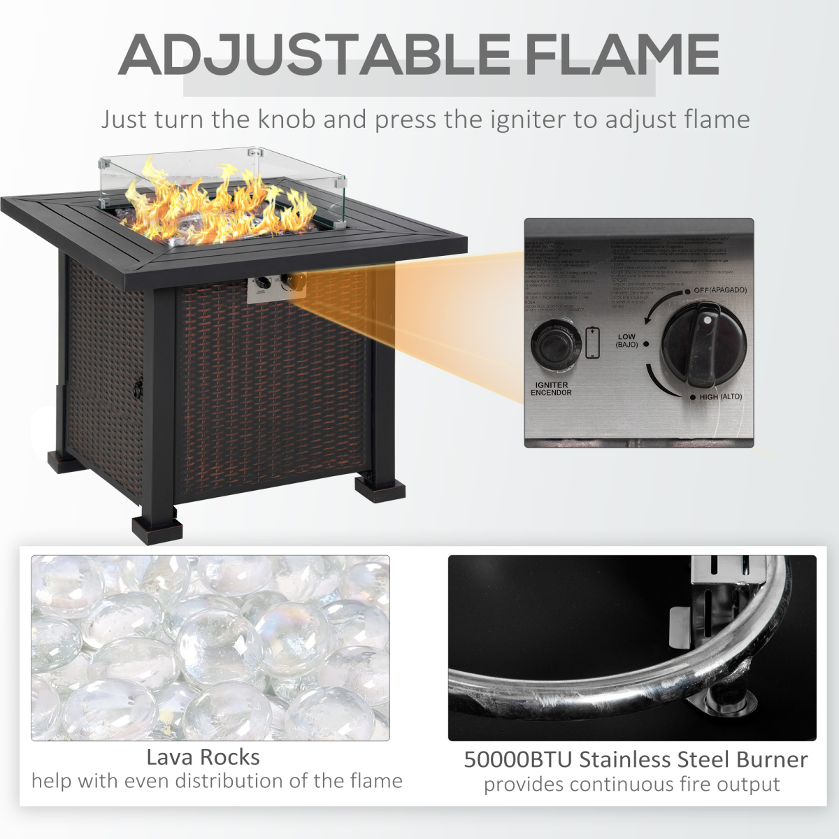 Outsunny Outdoor Propane Gas Fire Pit Table with Glass Wind Screen & Glass Beads, 50,000 BTU – Black