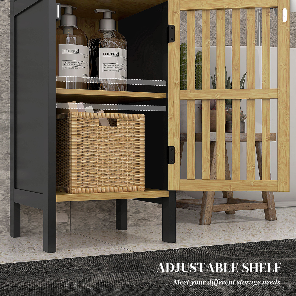 HOMCOM Bamboo Bathroom Floor Cabinet with Adjustable Shelf & Slatted Door – Tall Slim Storage, Black, Natural