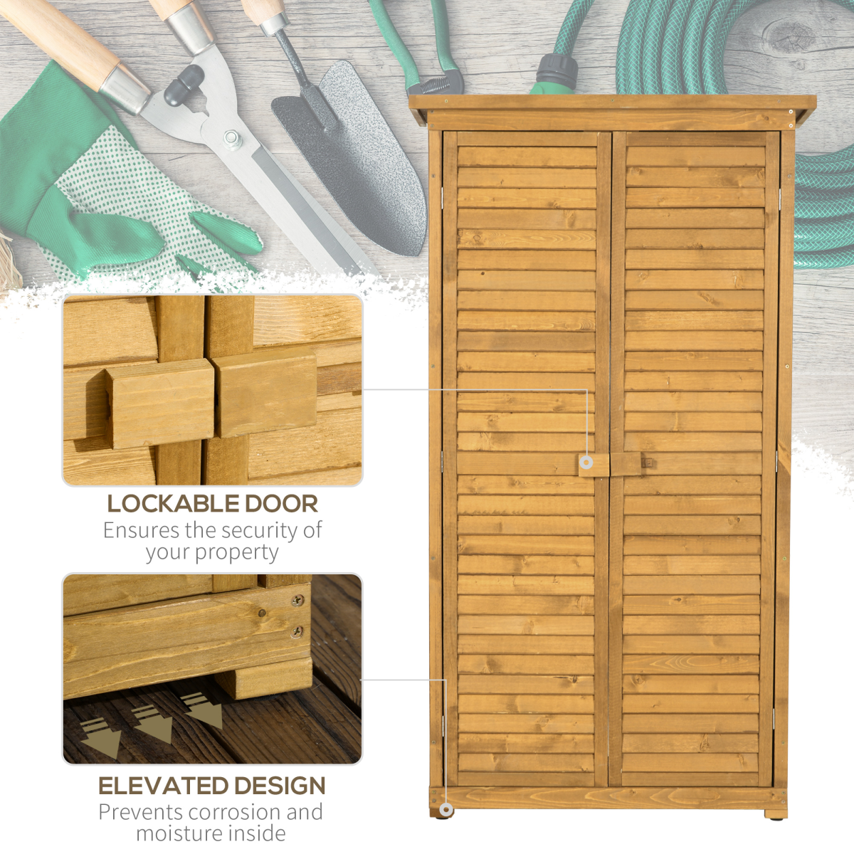 Outsunny Wooden Garden Storage Shed with 3 Shelves, Felt Roof & Lockable Double Doors – Outdoor Tool Cabinet