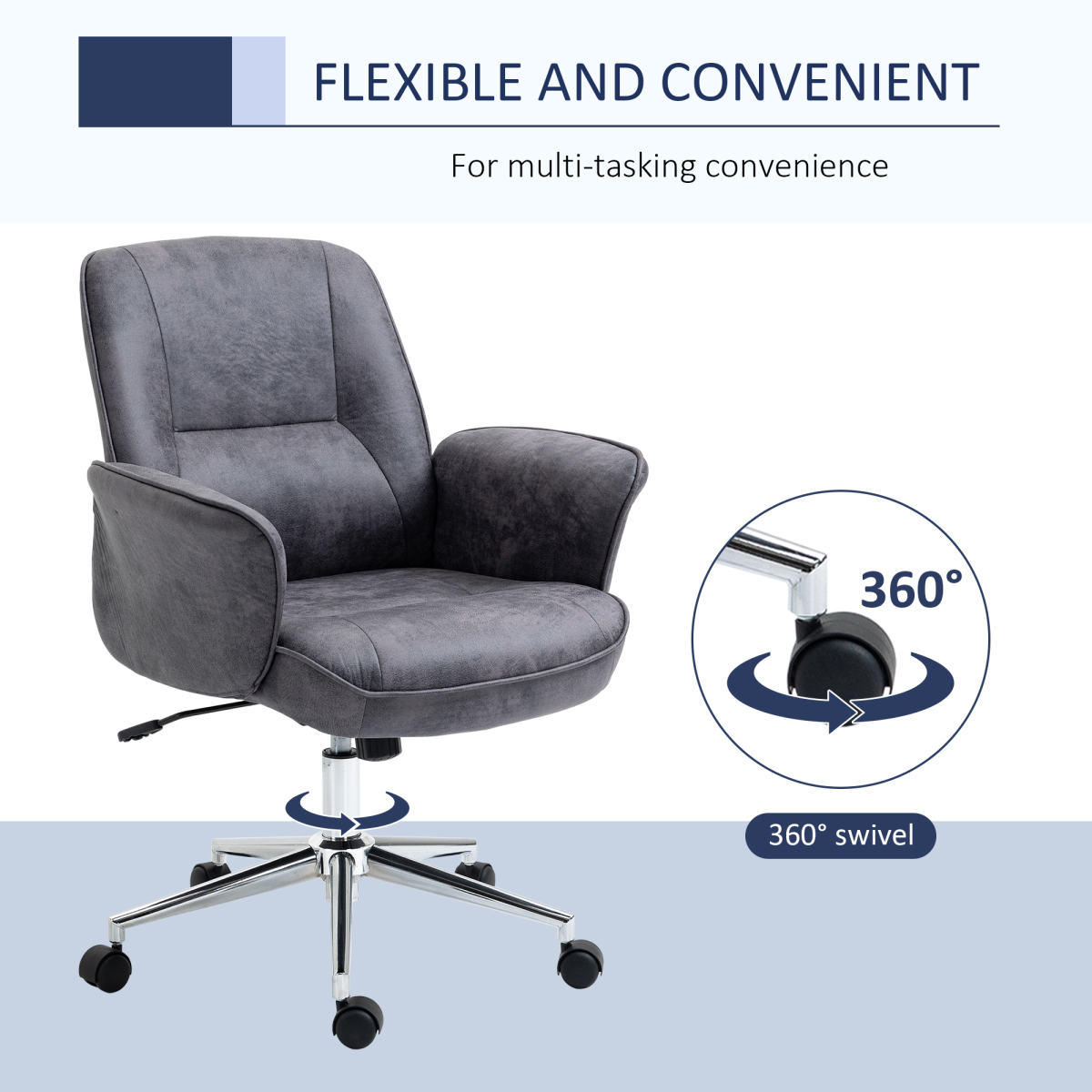 Vinsetto Retro Mid-Back Office Chair with Curved Armrests, Microfibre Leather – Swivel Desk Chair, Deep Grey