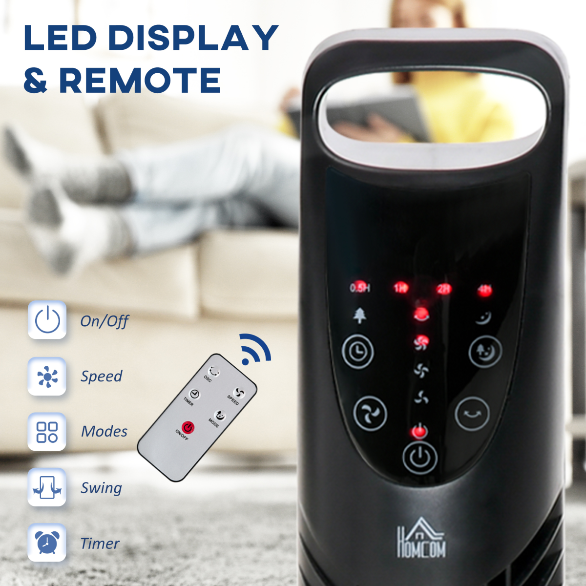 HOMCOM 40W Quiet Oscillating Tower Fan with Adjustable Speed & Remote Control – Black