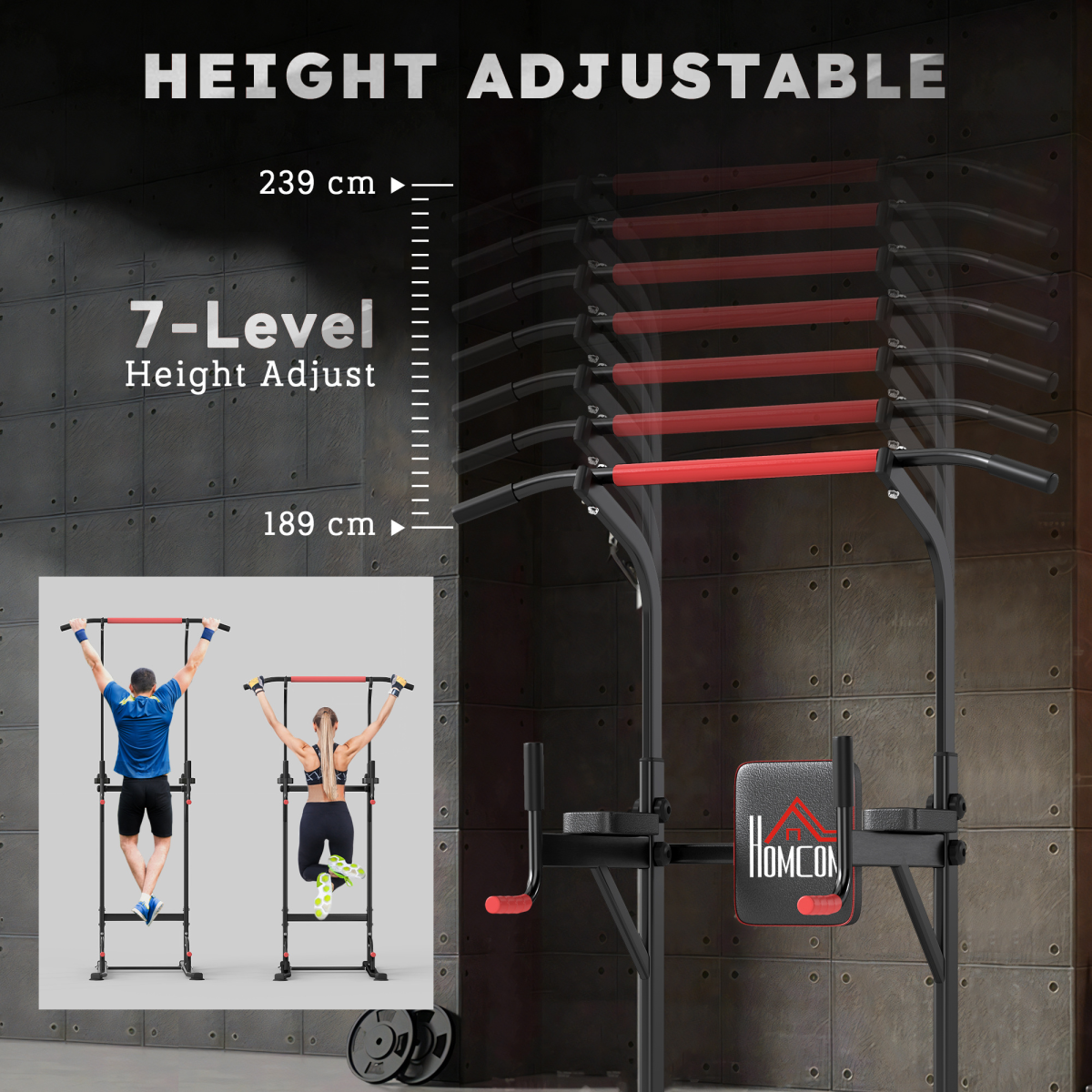 HOMCOM Power Tower Station with Pull Up Bar & Dip Station – 7 Height Levels, Home Gym Upper Body Workout