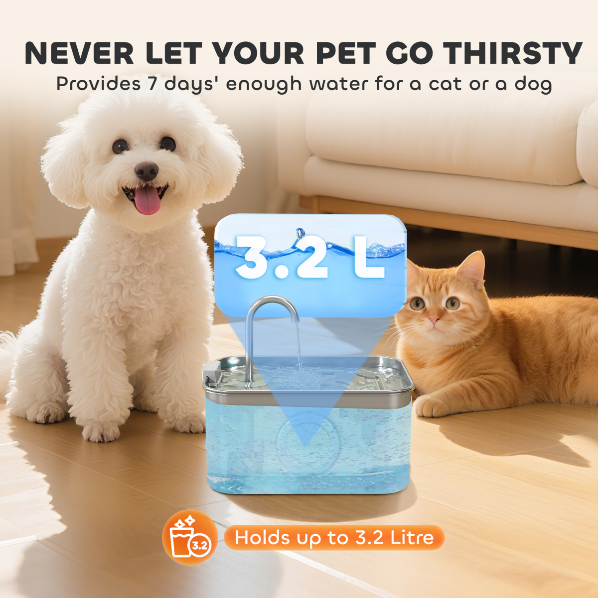 PawHut 3.2L Stainless Steel Cat Water Fountain with Filtration, LED Water Level Window and Quiet Pump