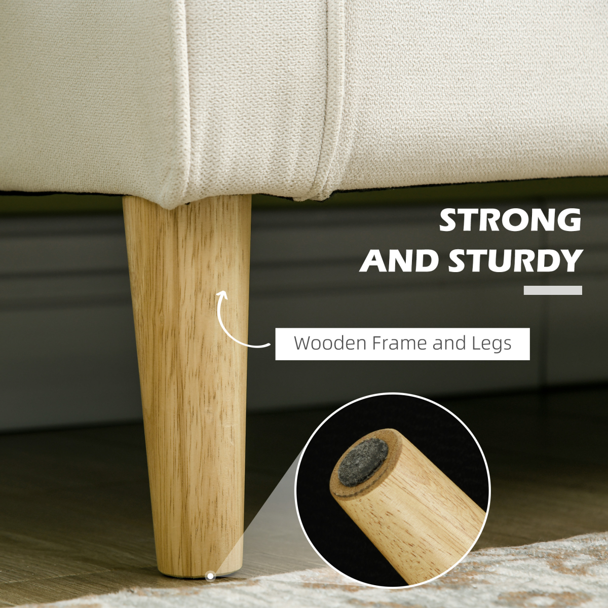 HOMCOM Cream Loveseat Sofa wood frame and felt pads close-up