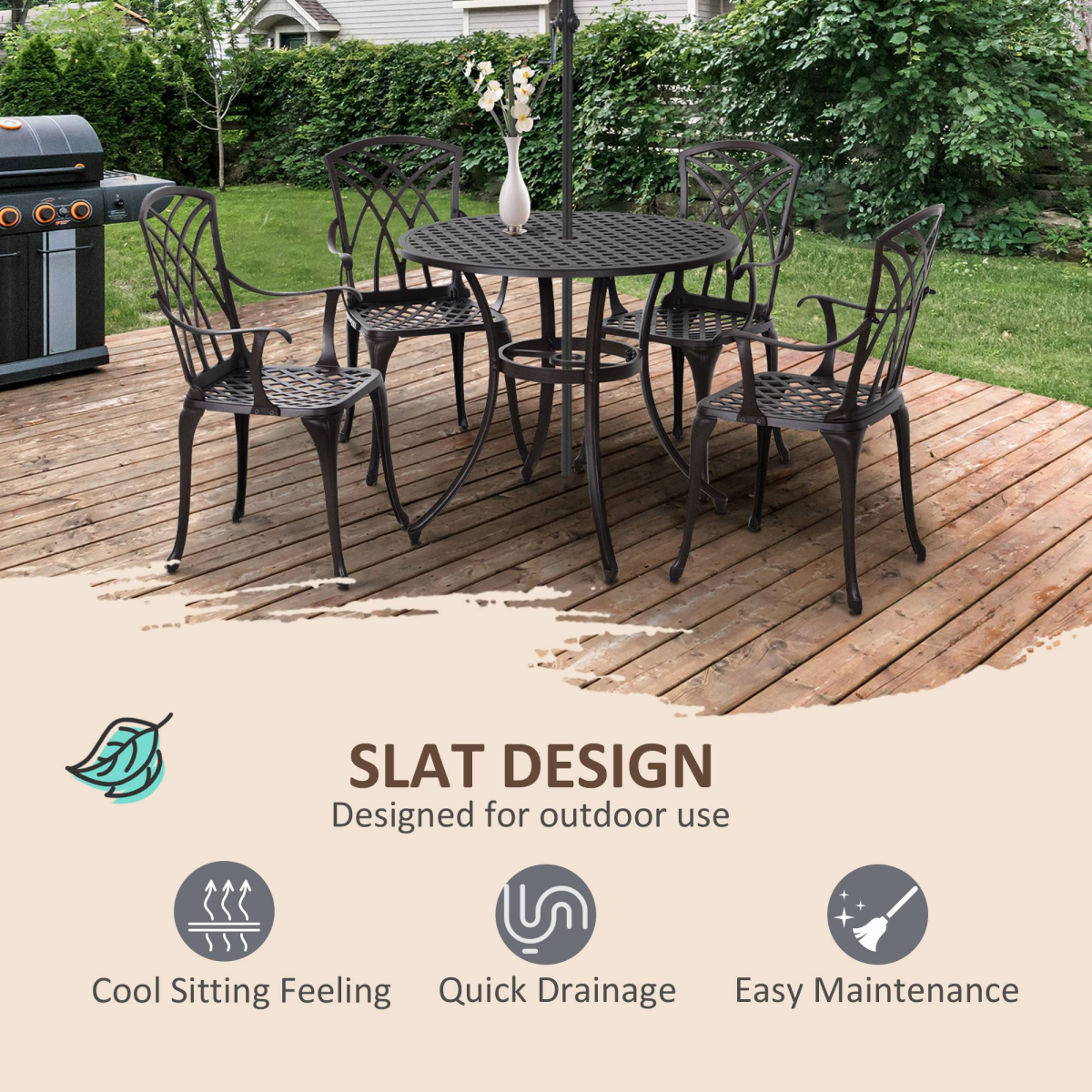 Outsunny Cast Aluminium 4-Seater Garden Bistro Set with Parasol Hole Table – Five-Piece Outdoor Dining, Brown