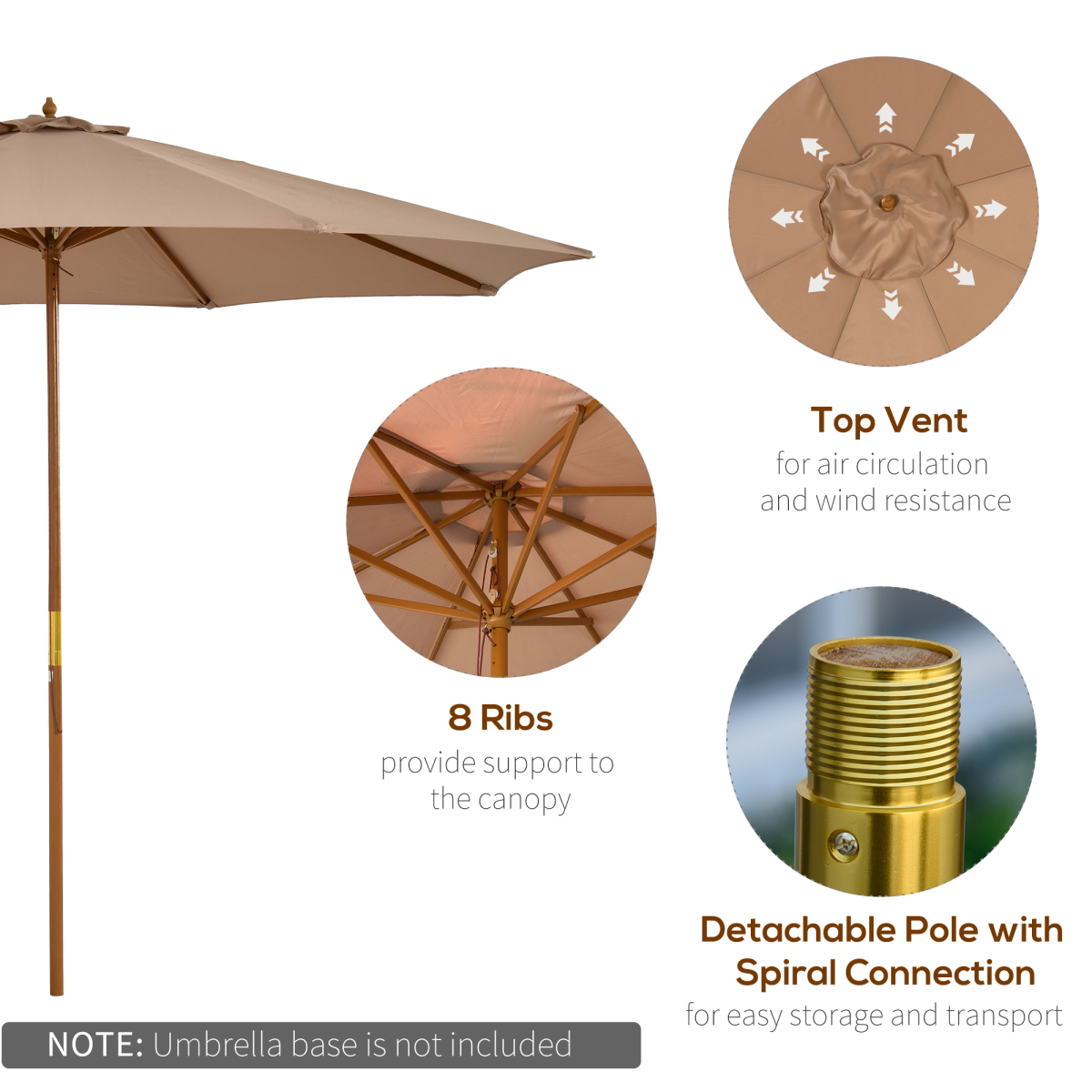 Outsunny 3m Wooden Garden Parasol with Bamboo Ribs & Pull-Rope Pulley – Tilting Sun Shade Umbrella, Khaki