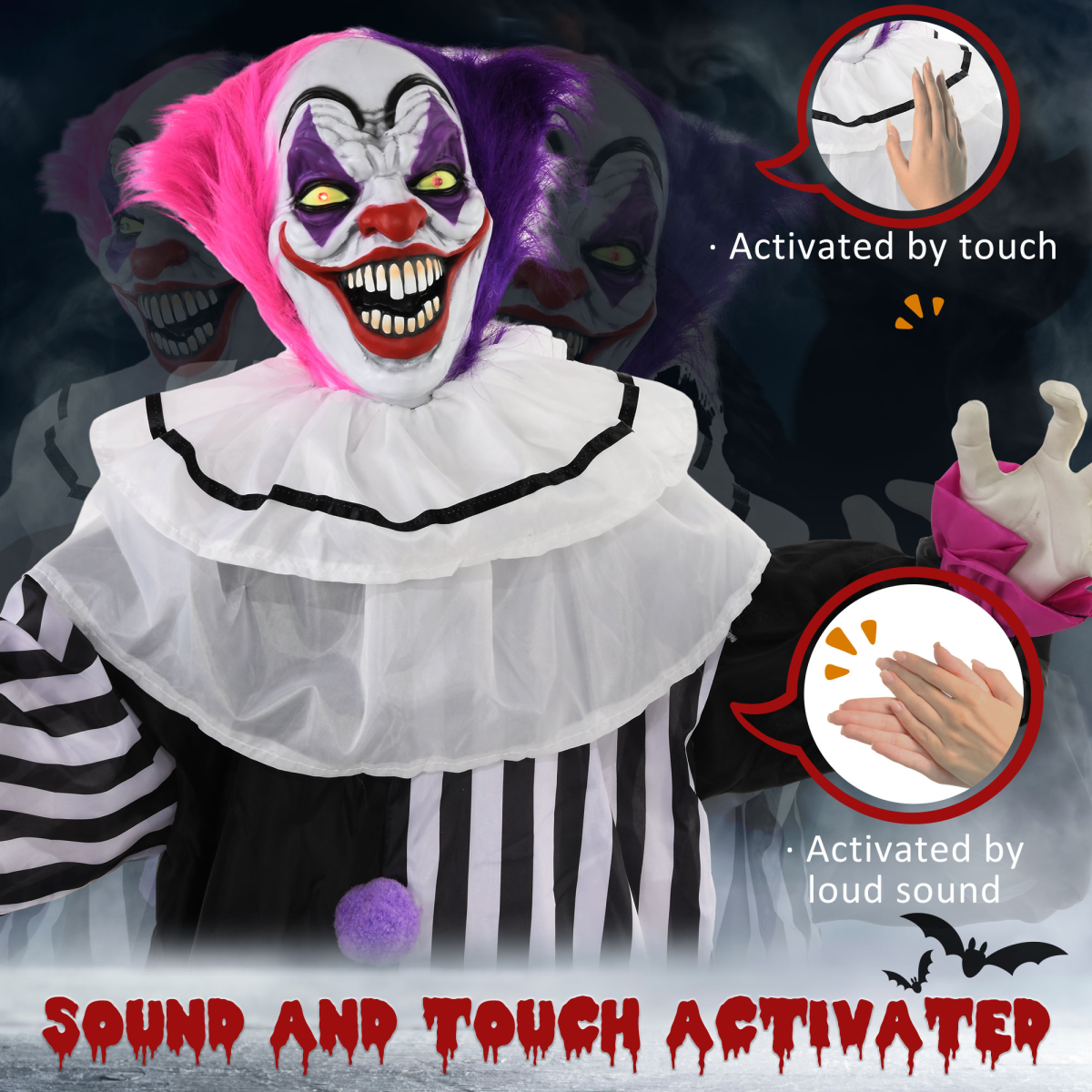 HOMCOM Halloween Animatronic Clown Prop with Light-Up Eyes, Moving Head & Sounds – Indoor Outdoor Decoration