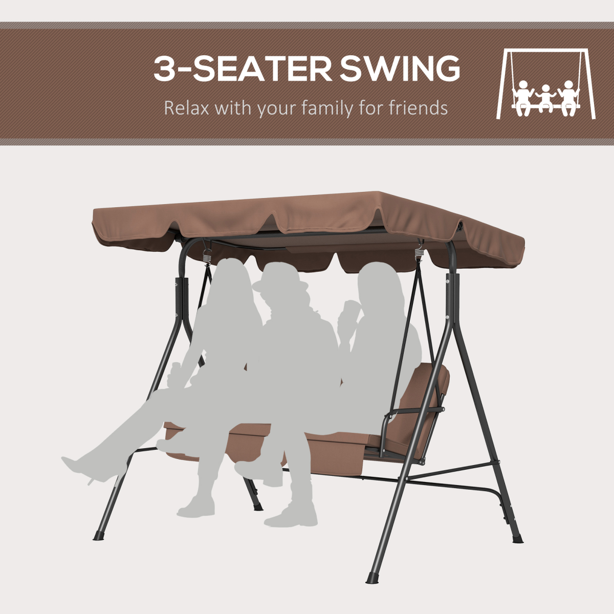 Outsunny 3-Person Outdoor Porch Swing Chair with Cushioned Seat and Adjustable Canopy – Garden Swing, Brown