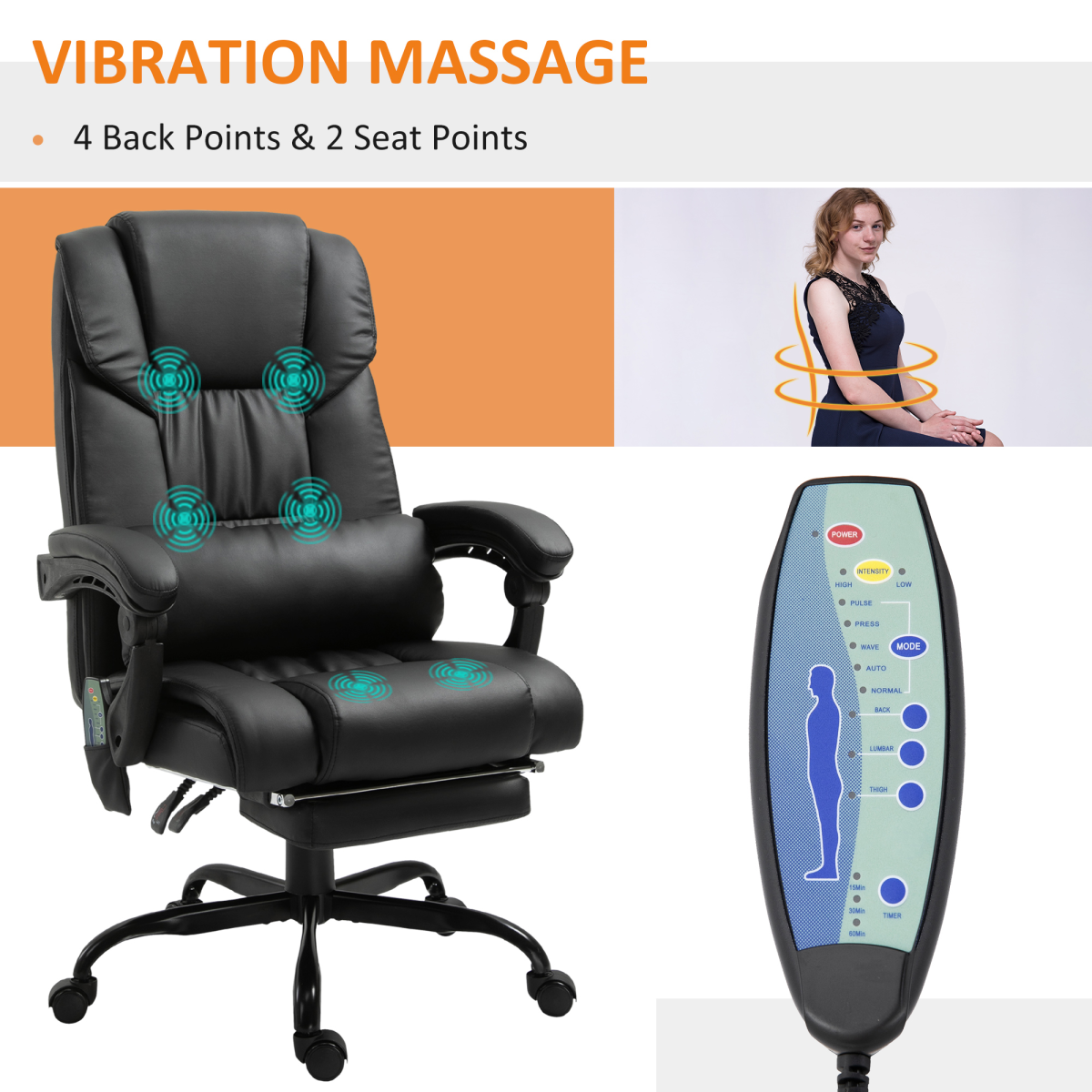 6-Point Massage Racing Office Chair with Remote Control – Padded PU Leather, Adjustable Backrest