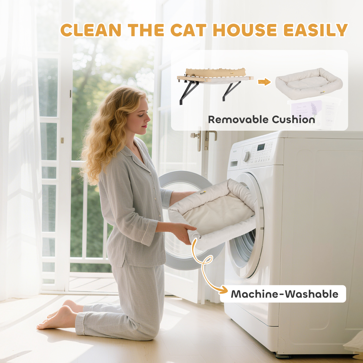 PawHut Cat Radiator Bed with Adjustable Bracket, Hanging Hammock & Cushion – Pine Wood Window Perch, Cream