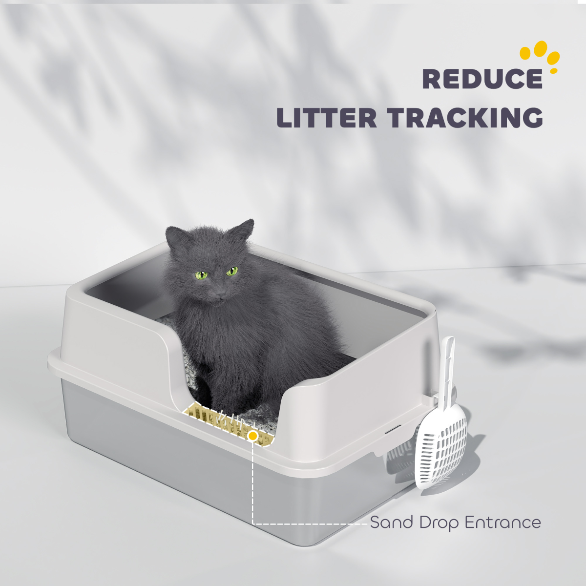 PawHut Stainless Steel Cat Litter Box with High Sides, Sand Drop Area & Scoop – Extra Large, Grey