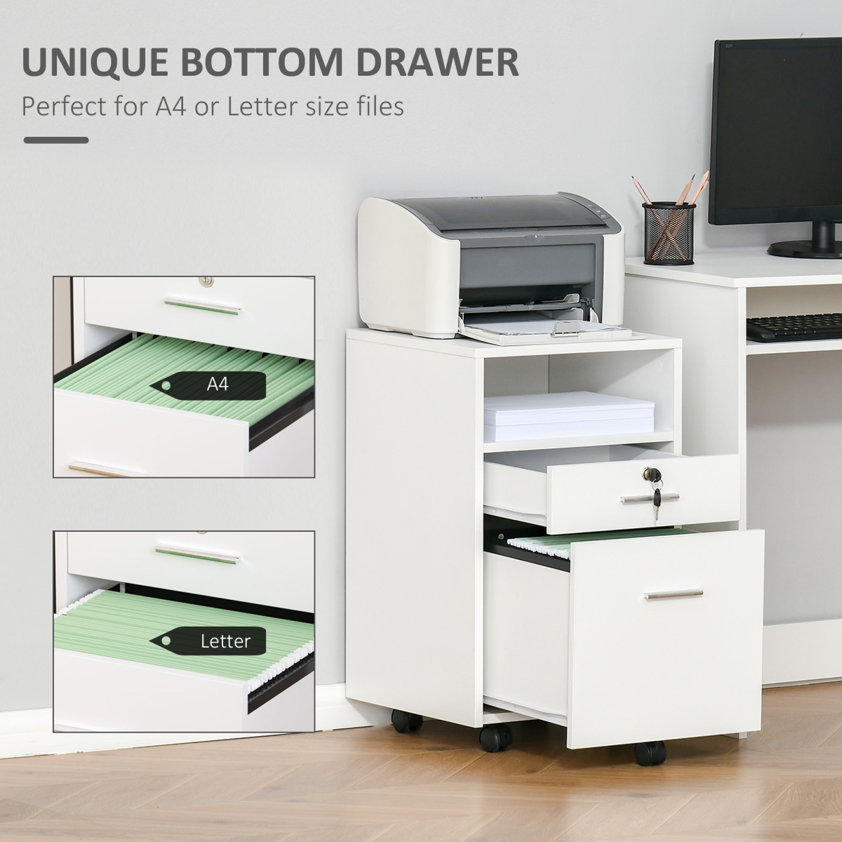 Vinsetto Mobile File Cabinet with Lockable Drawer, 5 Wheels & Open Shelf – Home Office Storage, White