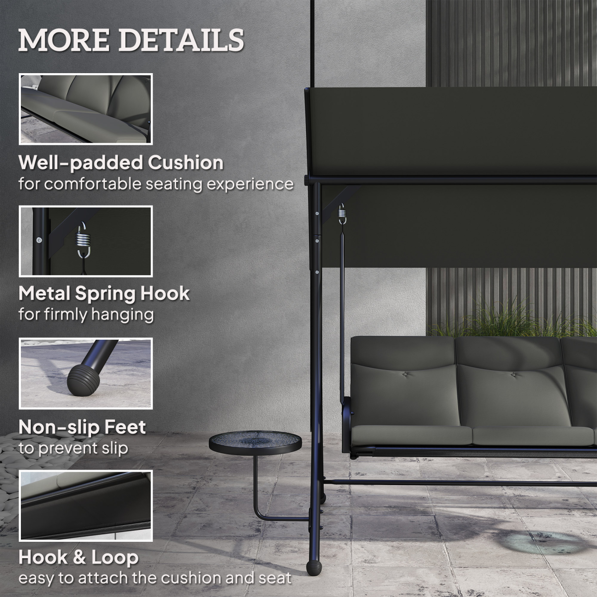 Outsunny 3-Seater Garden Swing Chair with Adjustable Canopy & Glass Coffee Tables – Steel Frame, Dark Grey