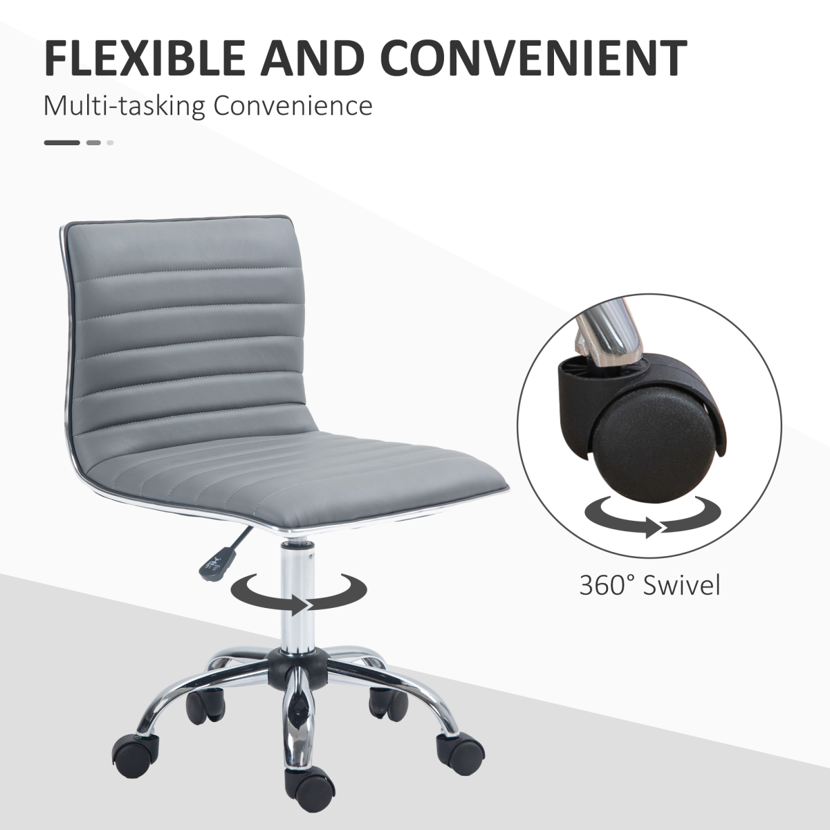 HOMCOM Armless Mid-Back Office Chair with 360° Swivel & Height Adjustment – PU Leather Desk Chair, Light Grey