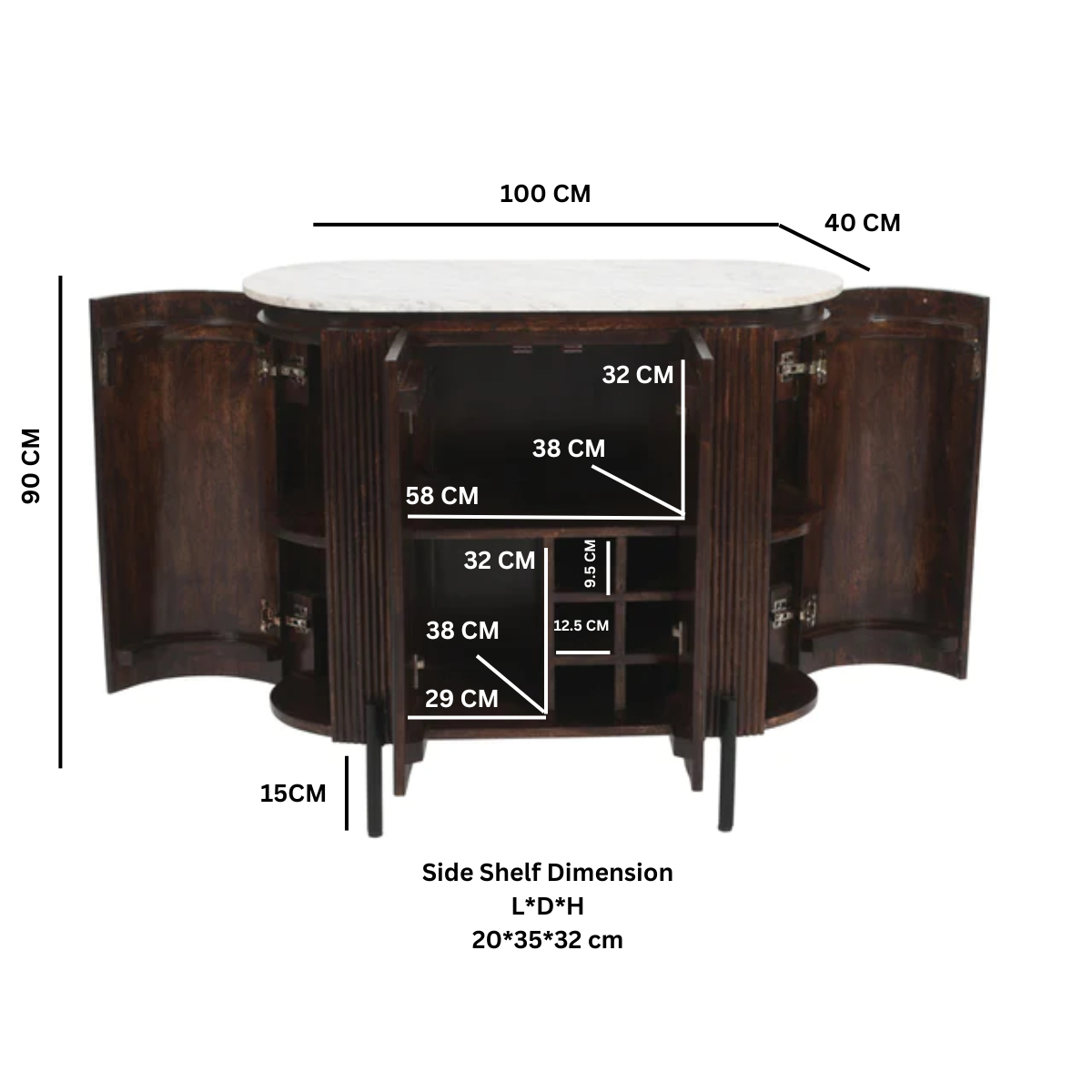 Opal Solid Wood Sideboard & Drinks Cabinet with White Marble Top – Handmade Bottle and Glassware Storage