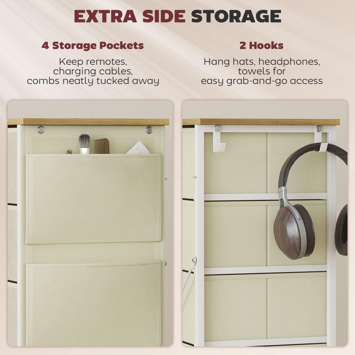 Fabric Chest of Drawers with 5 Foldable Drawers, 4 Side Pockets & Steel Frame – Bedroom Storage Tower