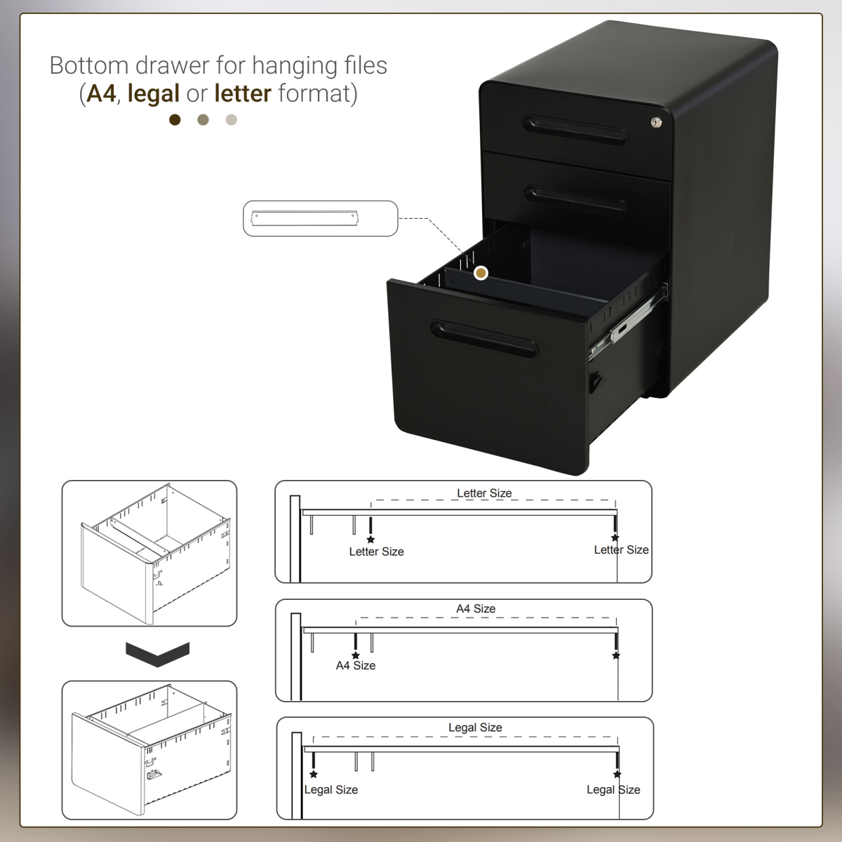Vinsetto 3-Drawer Steel Filing Cabinet with 4 Wheels, Lockable – Under-Desk Office Storage, Black