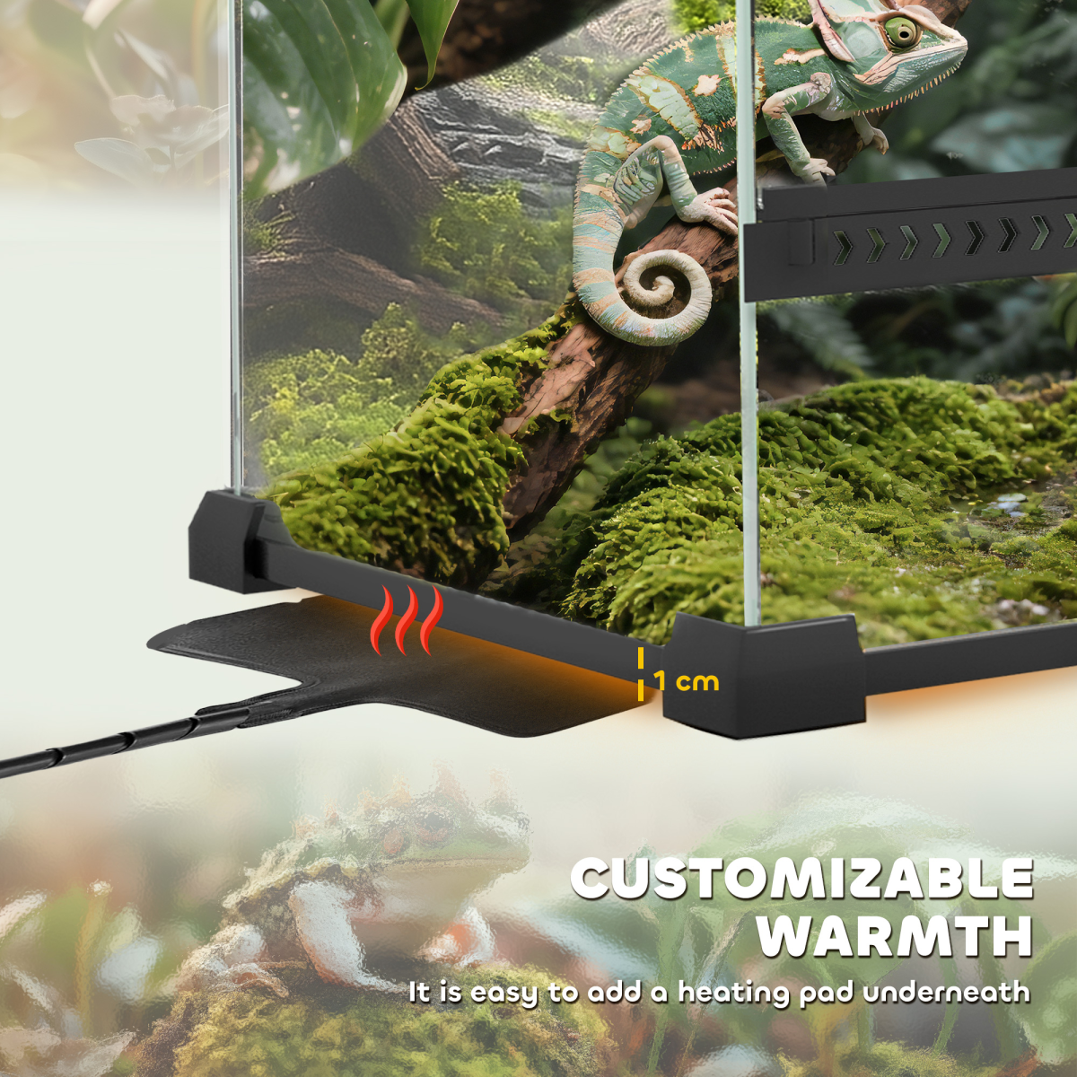 Glass Reptile Terrarium with Rock Background, Lockable Door & Ventilated Lid – 24L Waterproof Base for Wet Setups, Black