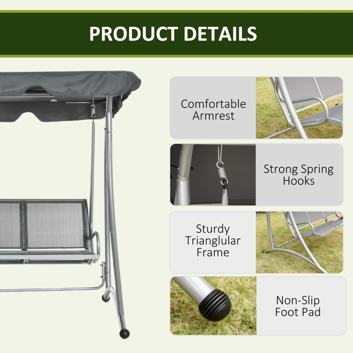 Outsunny 3 Person Steel Garden Swing Chair with Adjustable Canopy & Breathable Mesh Seat – Dark Grey