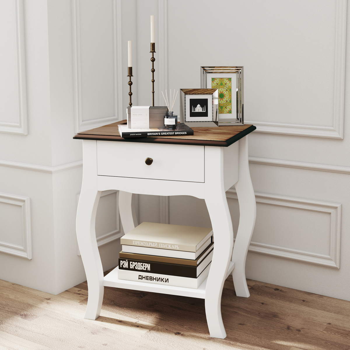 Set of 2 Bedside Tables with Drawer and Open Shelf – Bedroom Nightstands with Oak Effect Top, White