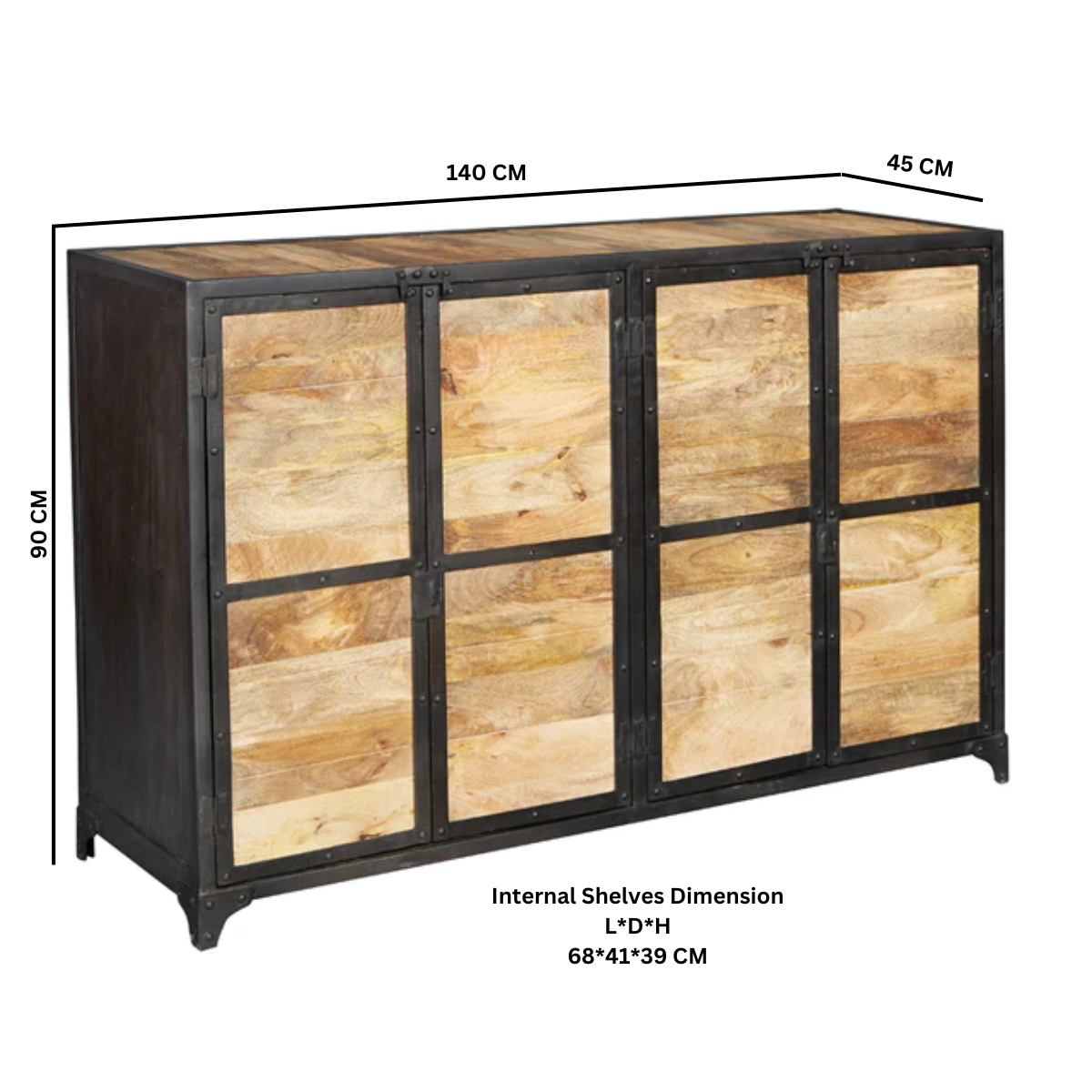 Indian Hub Ascot Large Hand-Crafted Sideboard with Cupboards & Drawers – Distressed Rustic Storage