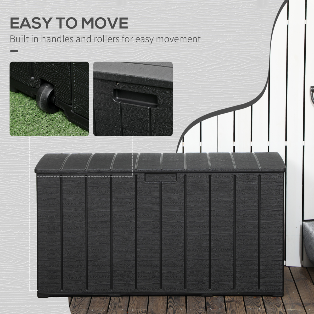 Outsunny 366 Litre Rolling Outdoor Garden Storage Box with Hydraulic Lid – Weather-Resistant Plastic Container, Black