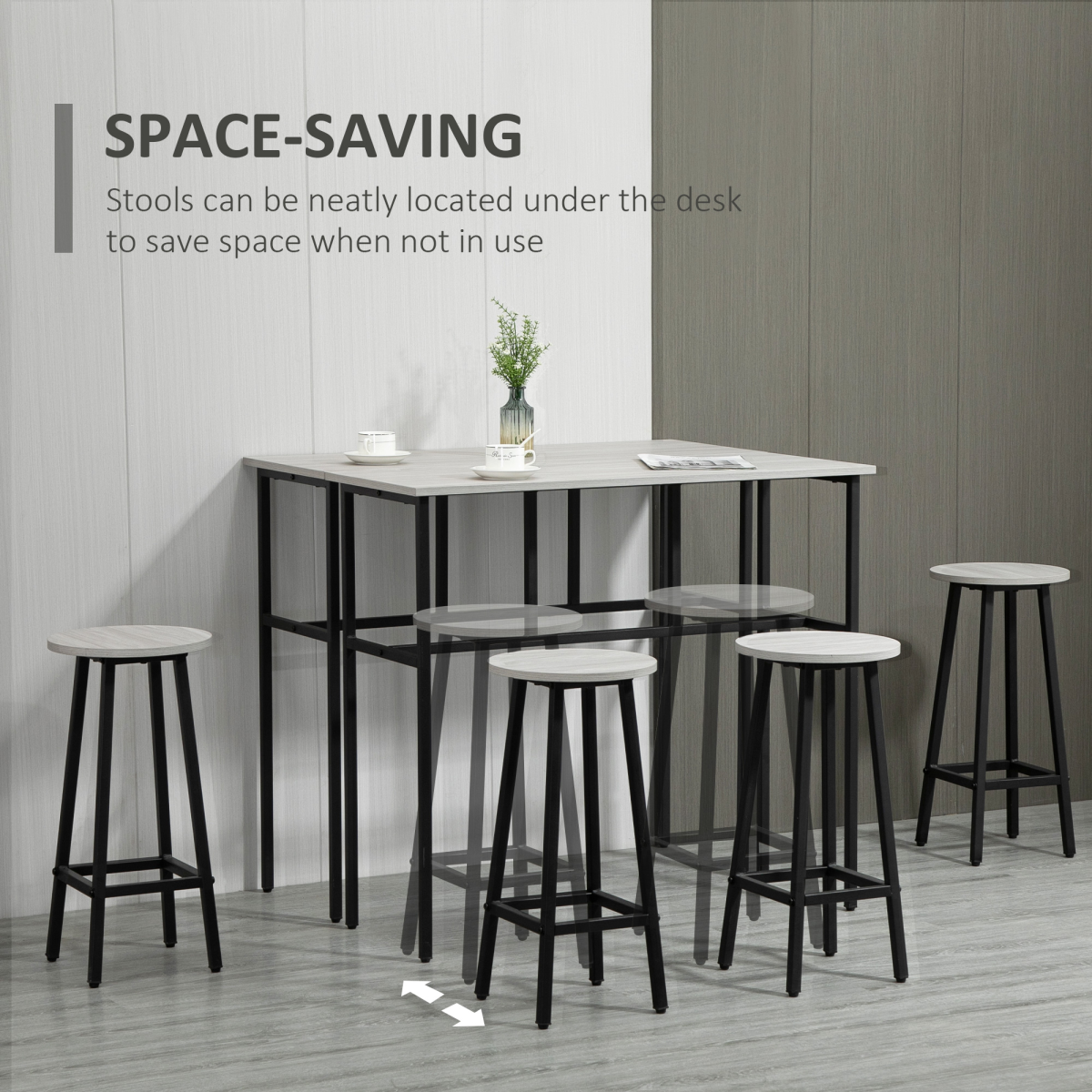 HOMCOM 6-Piece Bar Table Set with 2 Breakfast Tables and 4 Stools – Space-Saving Kitchen Furniture, Grey