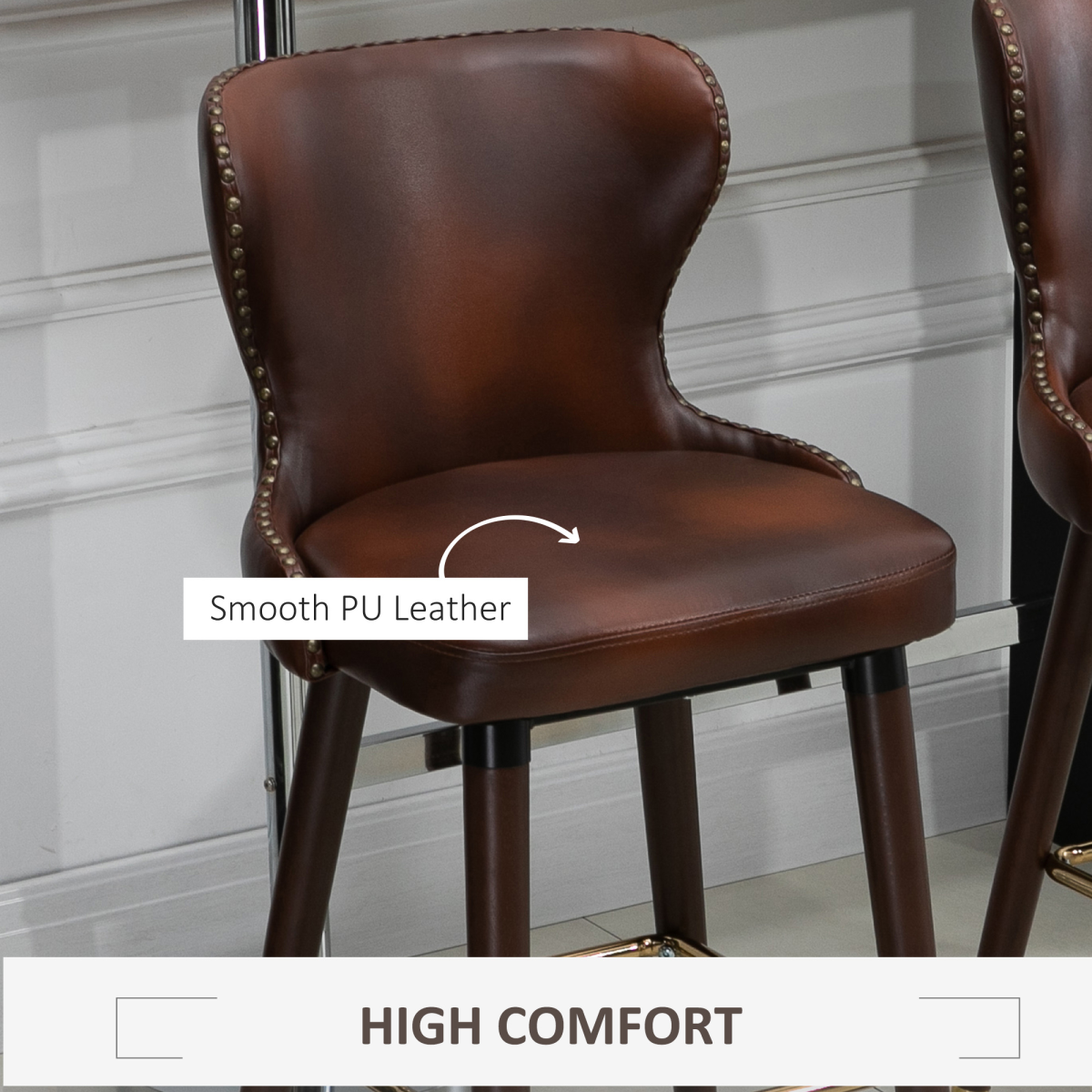 HOMCOM Luxury European Style PU Leather Bar Stools, Set of 2 with Padded Seat & Footrest – Brown