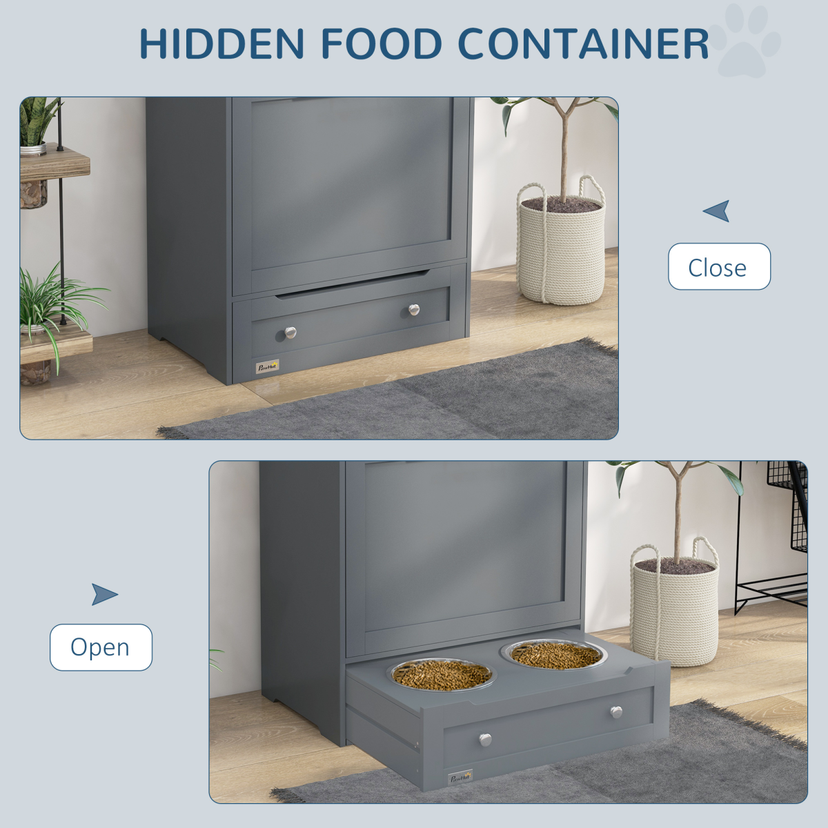 PawHut Pet Feeder Station with Two Removable Bowls & Storage Cabinet – Dog and Cat Feeding Table, Grey