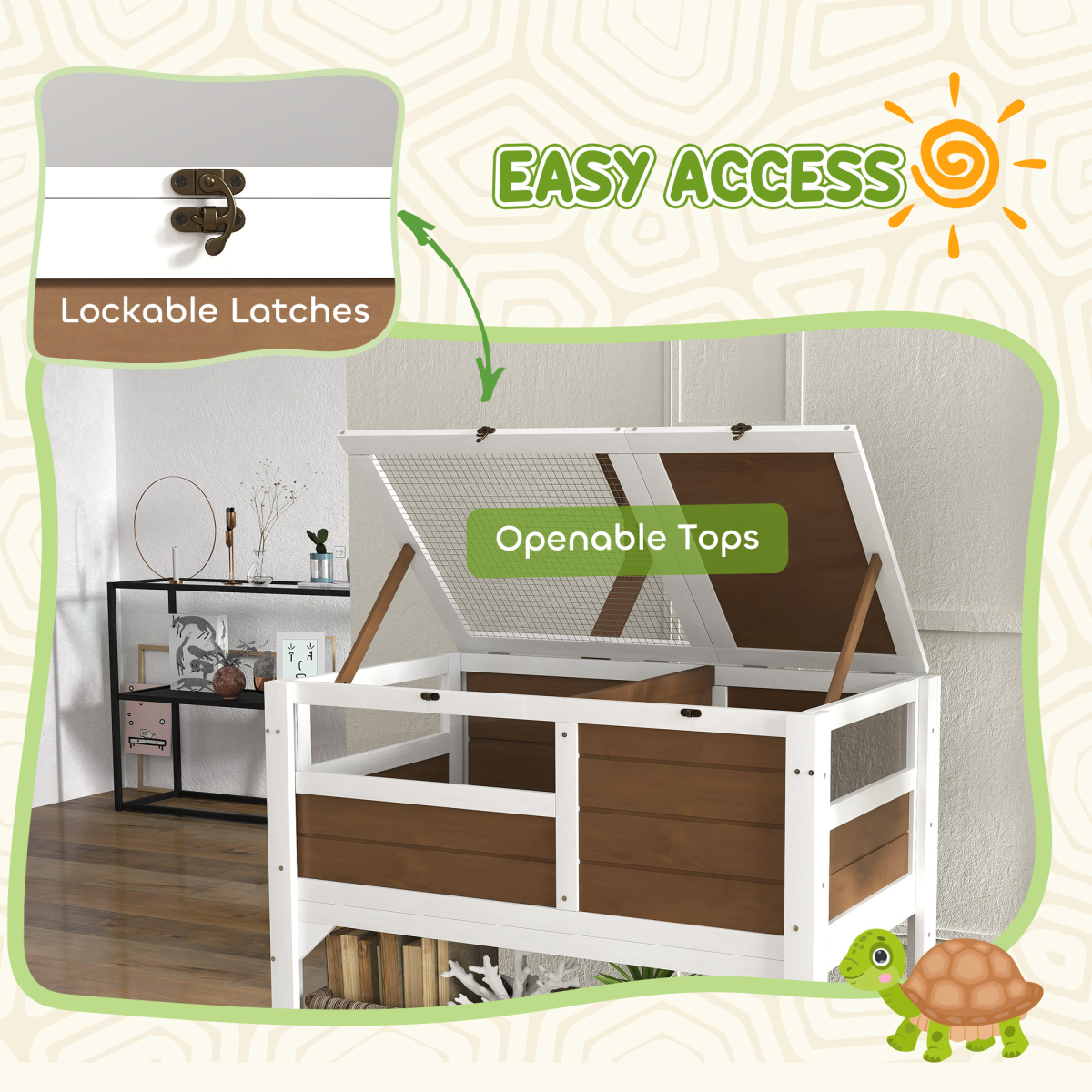 PawHut Wooden Tortoise House with Run, Hide Box, Basking Area, Shelf & Lamp Holder – Reptile Habitat, Brown