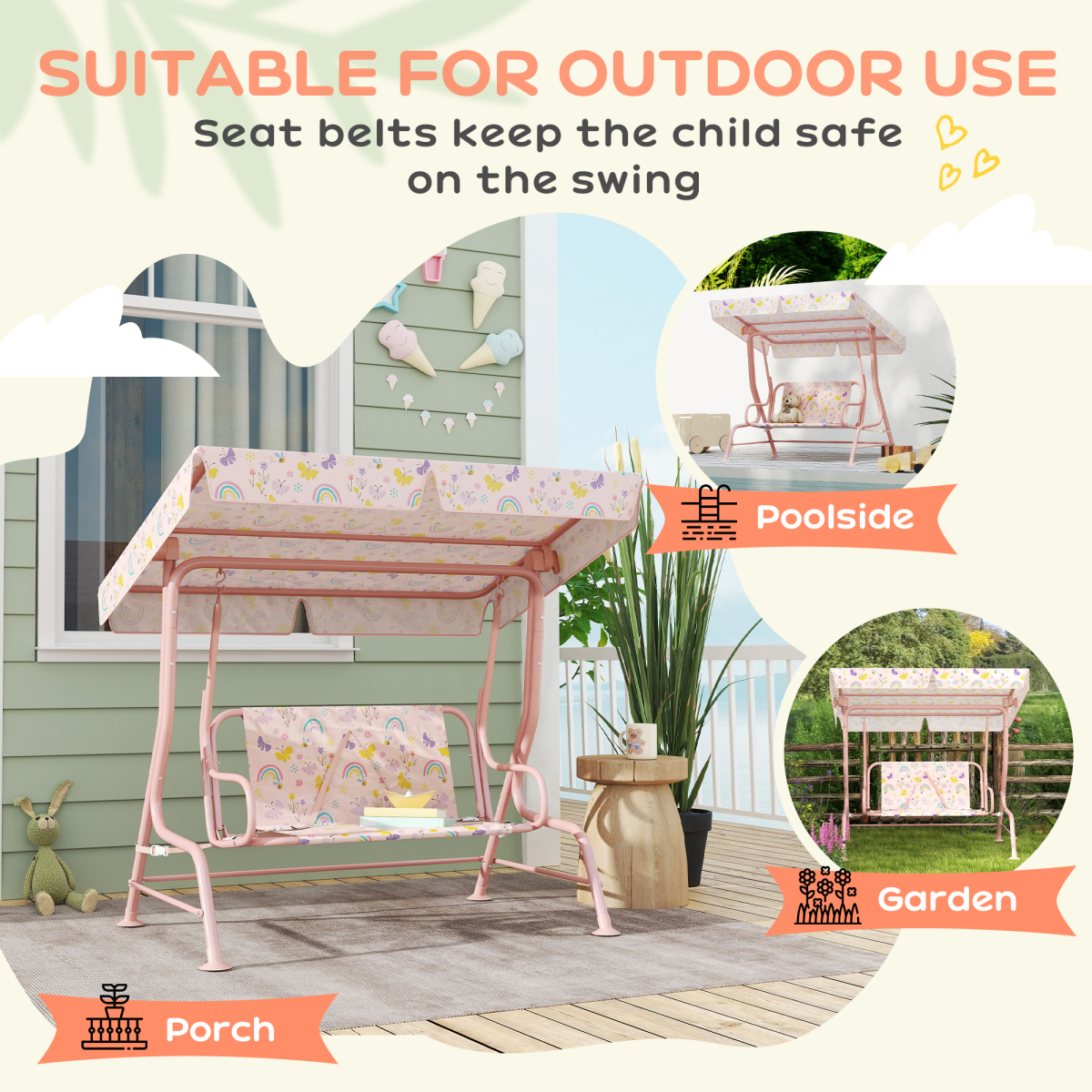 AIYAPLAY Kids Rainbow Canopy Swing Seat with Adjustable Sun Canopy & Safety Belts – Outdoor Garden Swing, Pink