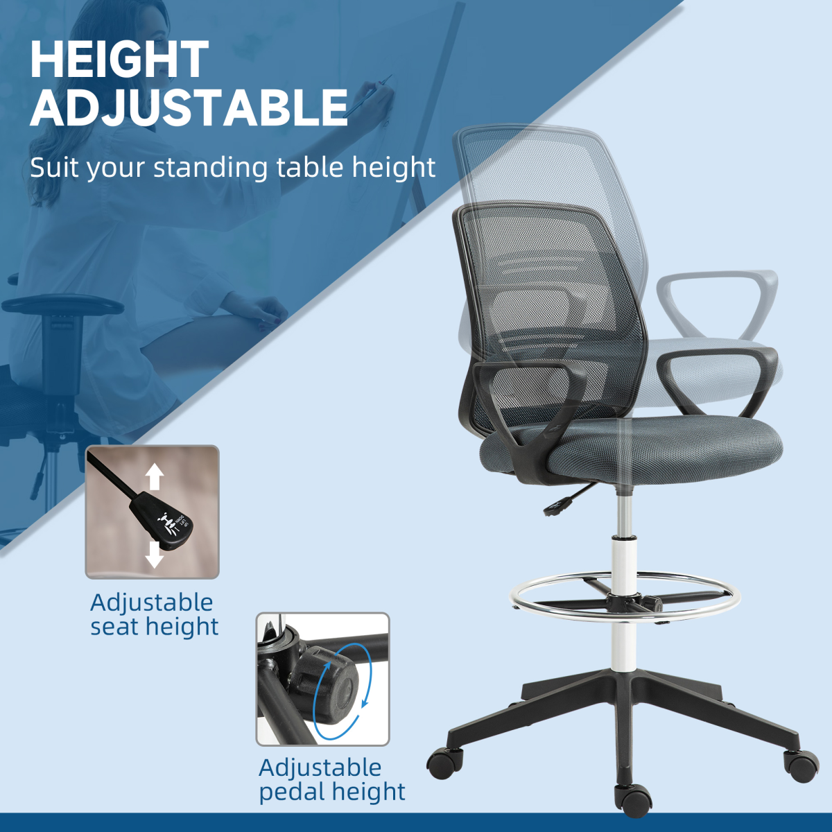 Vinsetto Draughtsman Chair Tall Office Chair with Adjustable Height and Footrest – Mesh Back, Grey