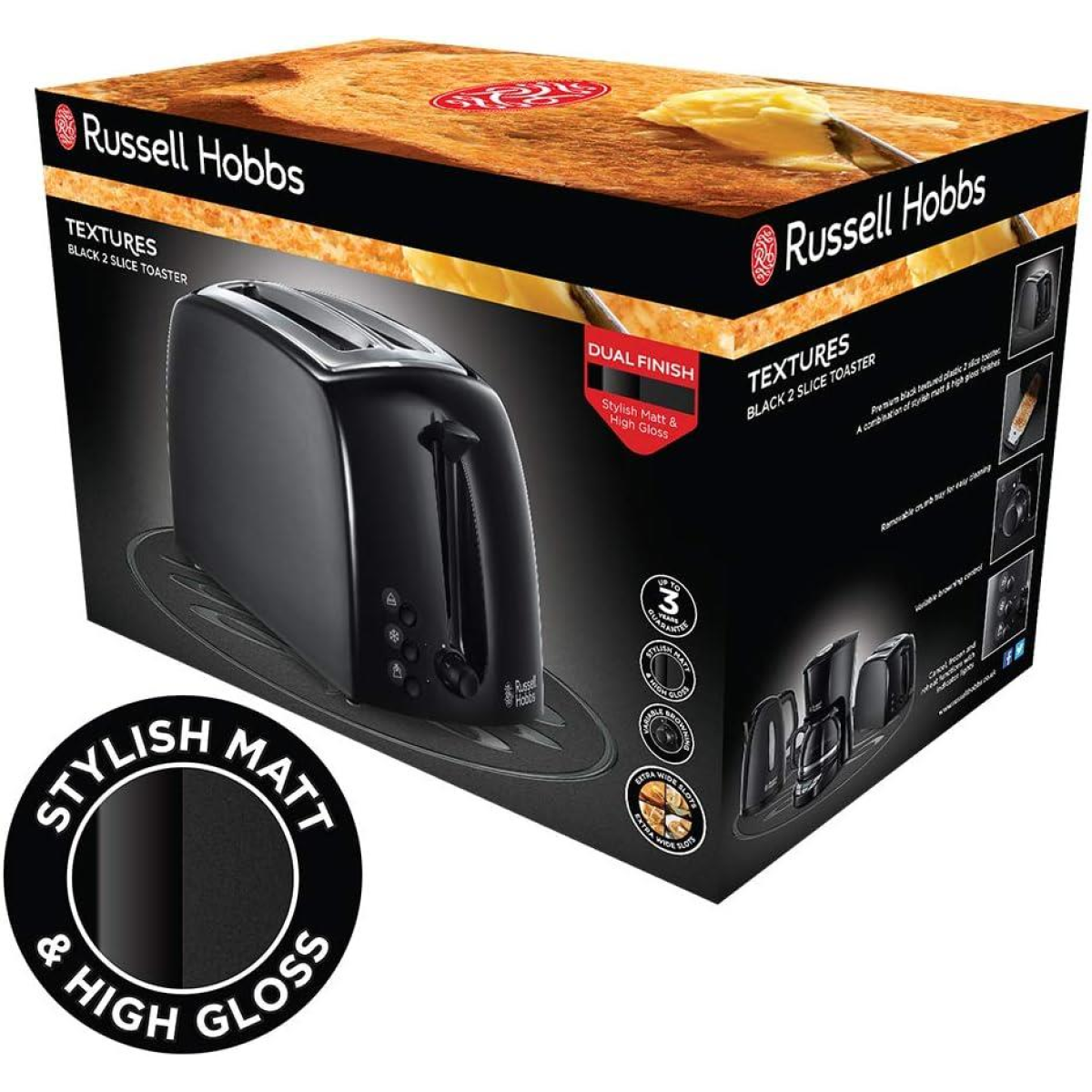 Russell Hobbs Textures 2-Slice Toaster 850W with Wide Slots & Variable Browning – Black, 21641
