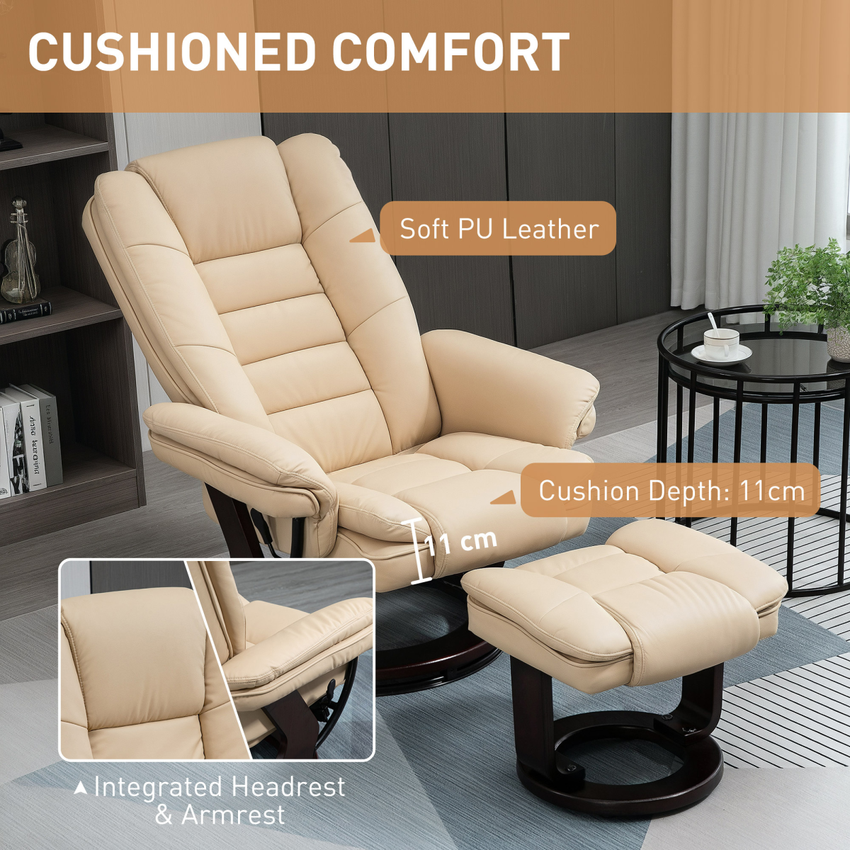 HOMCOM Swivel Manual Recliner Chair with Footrest Set – PU Leather Lounge Armchair, Beige