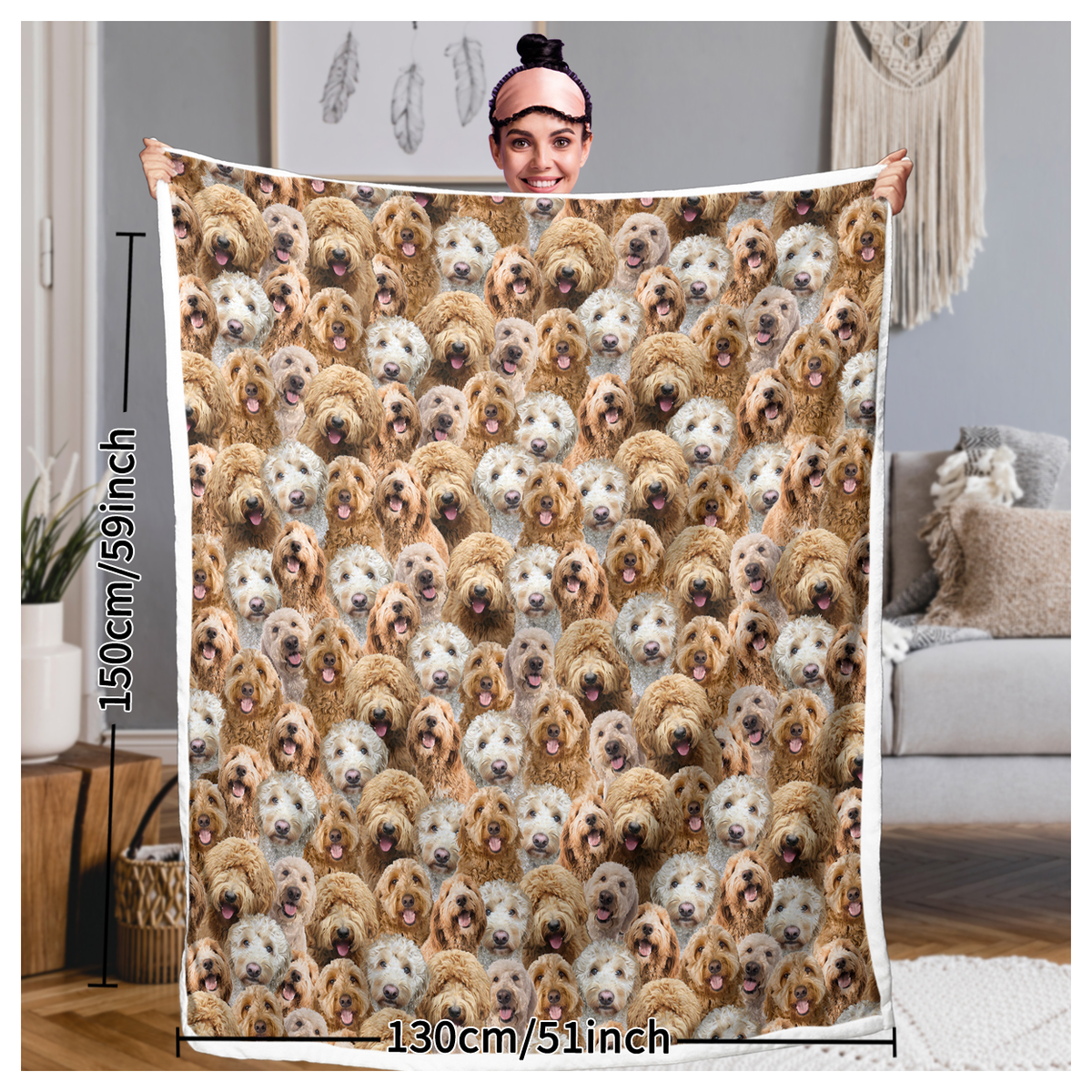 Cockapoo Dog Print Reversible Sherpa Fleece Throw Blanket, 130 x 150cm – Soft Throw for Sofa, Bed or Nursery