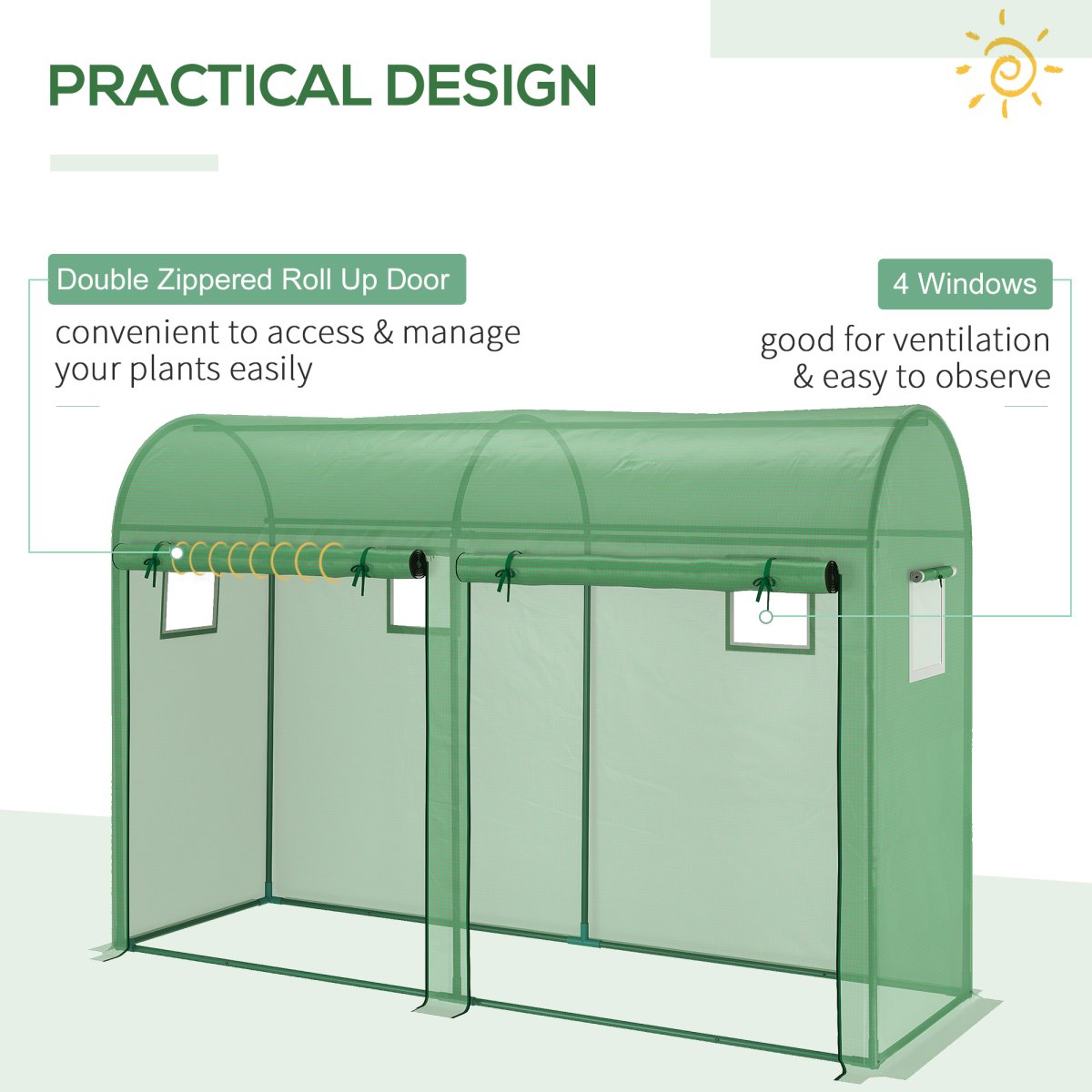 Outsunny Walk-In Greenhouse with 2 Roll-Up Doors & 4 Windows – 3 x 1 x 2m Steel Frame Plant Growing Tunnel