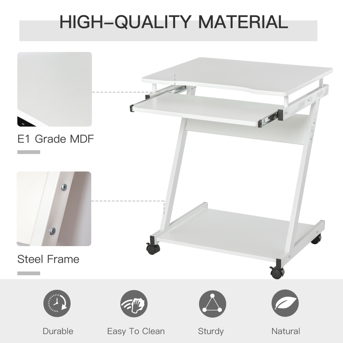 HOMCOM Computer Desk with 4 Lockable Wheels and Sliding Keyboard Tray – Mobile Home Office Workstation, White