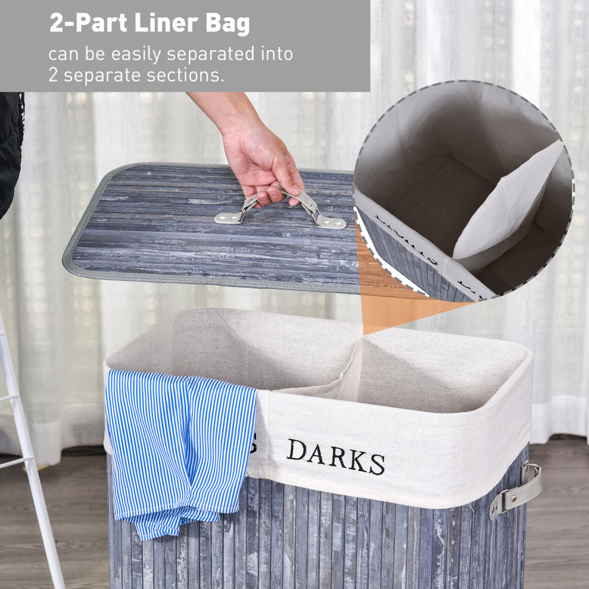 HOMCOM Bamboo Laundry Hamper with Removable Lining and PU Handles – Large Double Section Basket