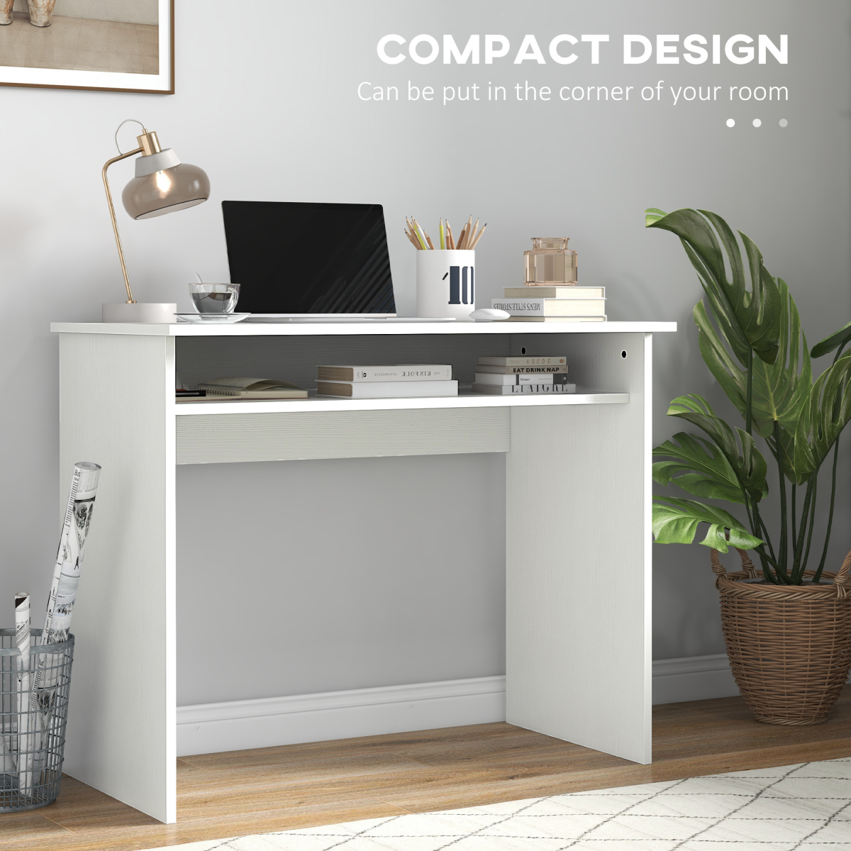 HOMCOM Compact Workstation Desk with Under-Table Storage – Home Office Study Table, White
