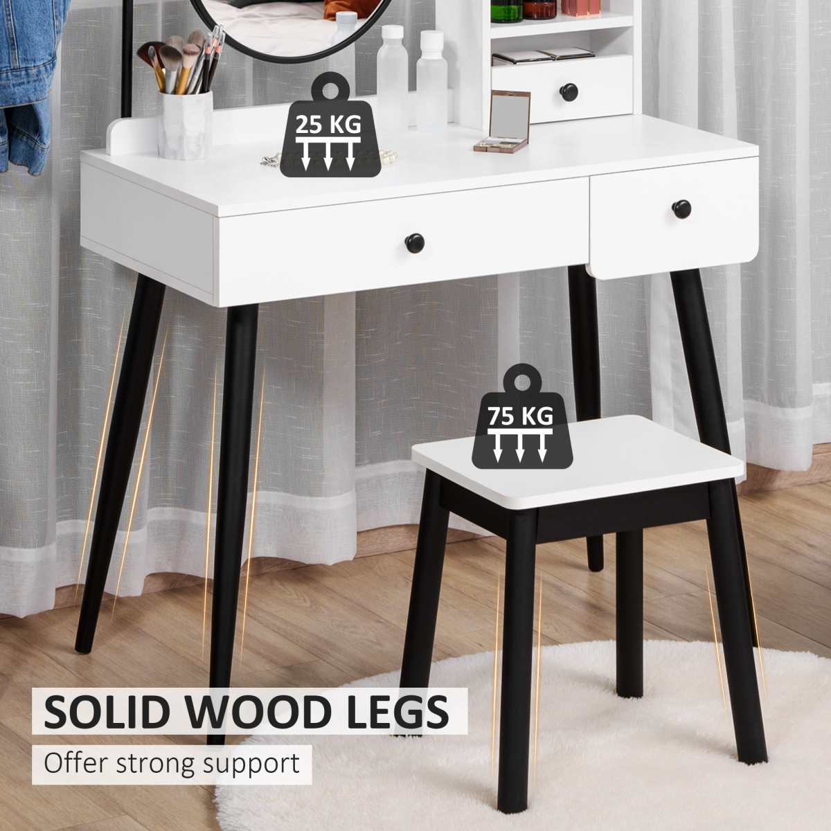 Dressing Table Set with 3 Drawers, Side Shelves, Mirror & Matching Stool – Bedroom Vanity, White
