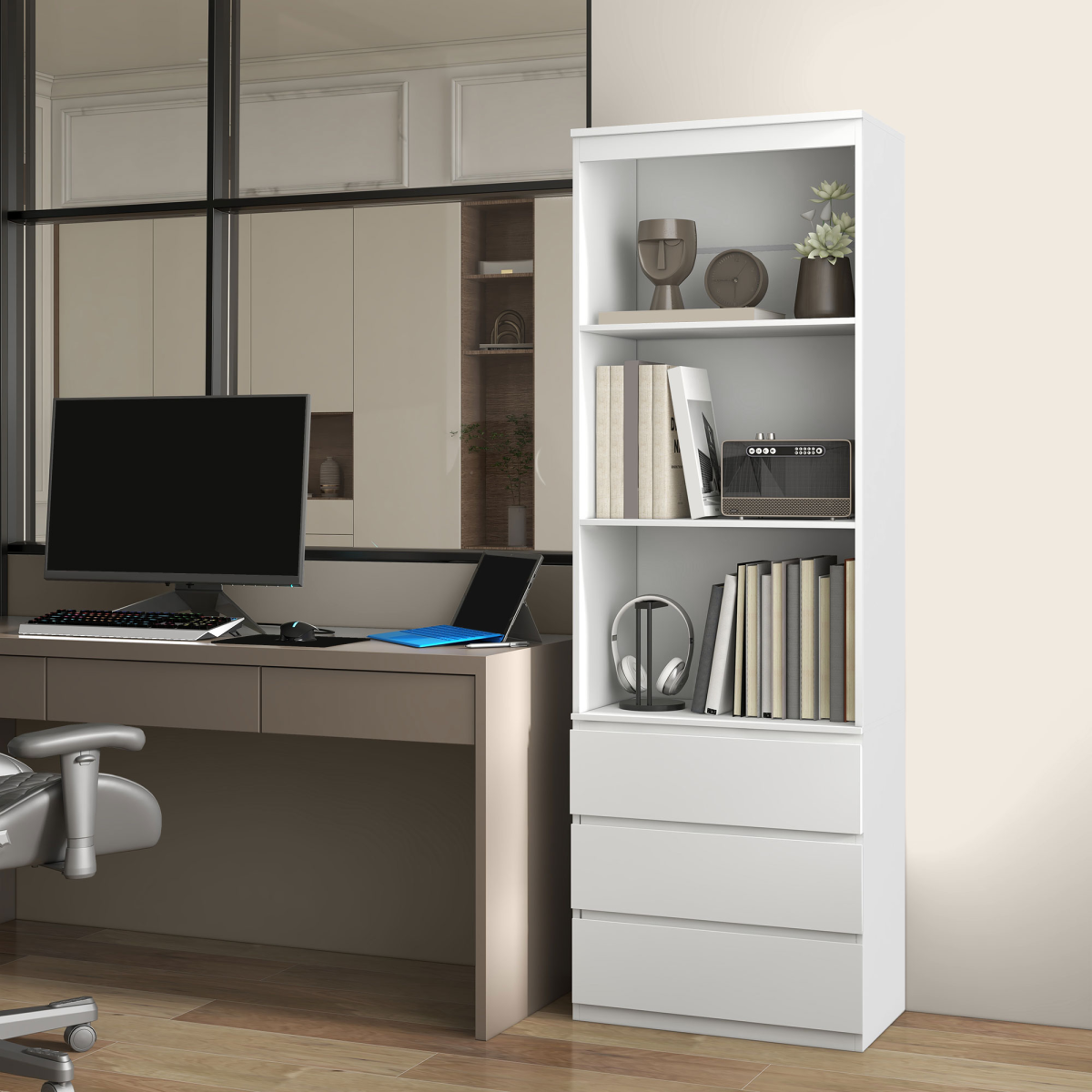 HOMCOM 180cm Tall Bookshelf Storage Unit with 3 Drawers & Open Shelves – Living Room Bookcase, White
