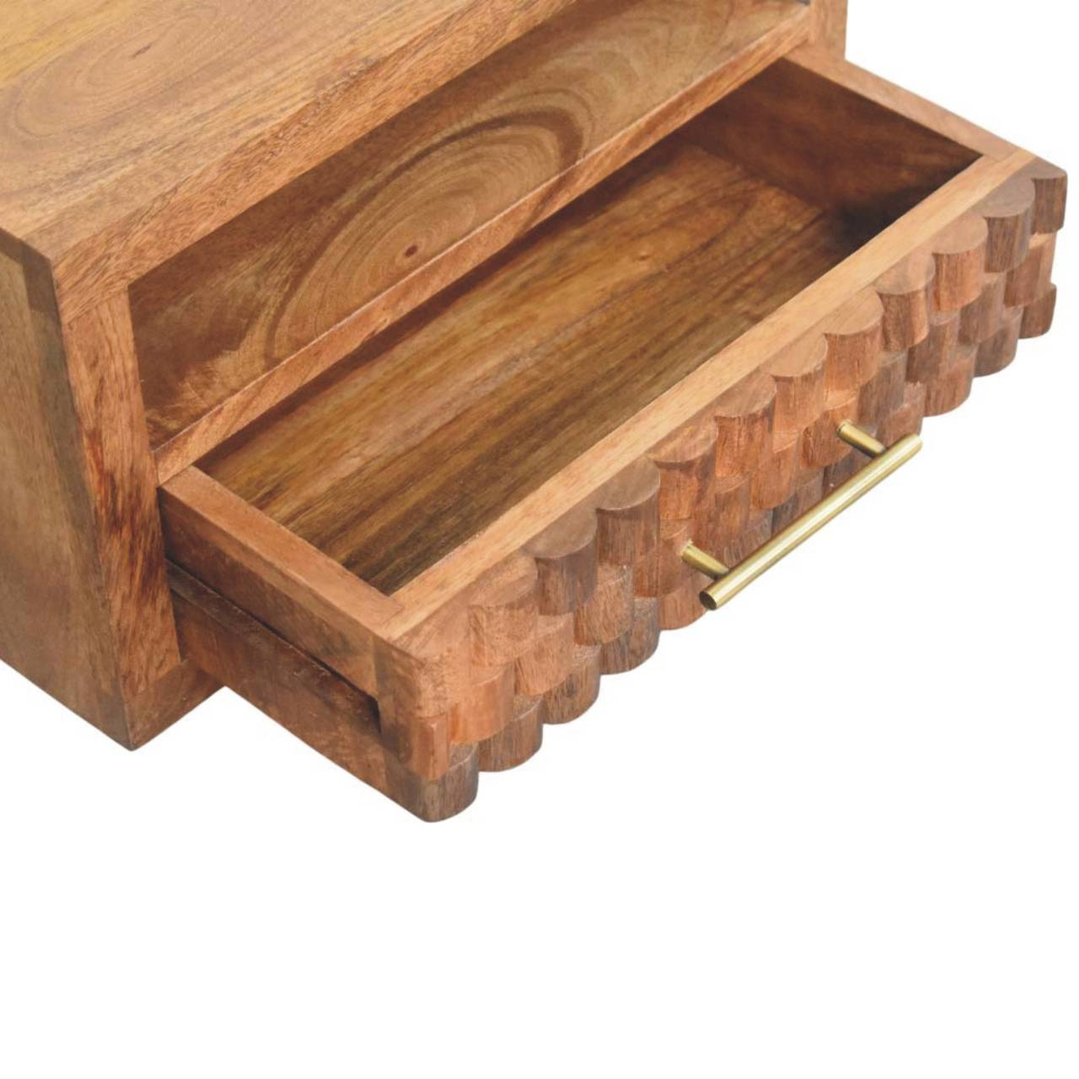 Artisan Furniture Solid Wood Arno Wall-Mounted Nightstand with Carved Drawer and Open Shelf – Golden Teak