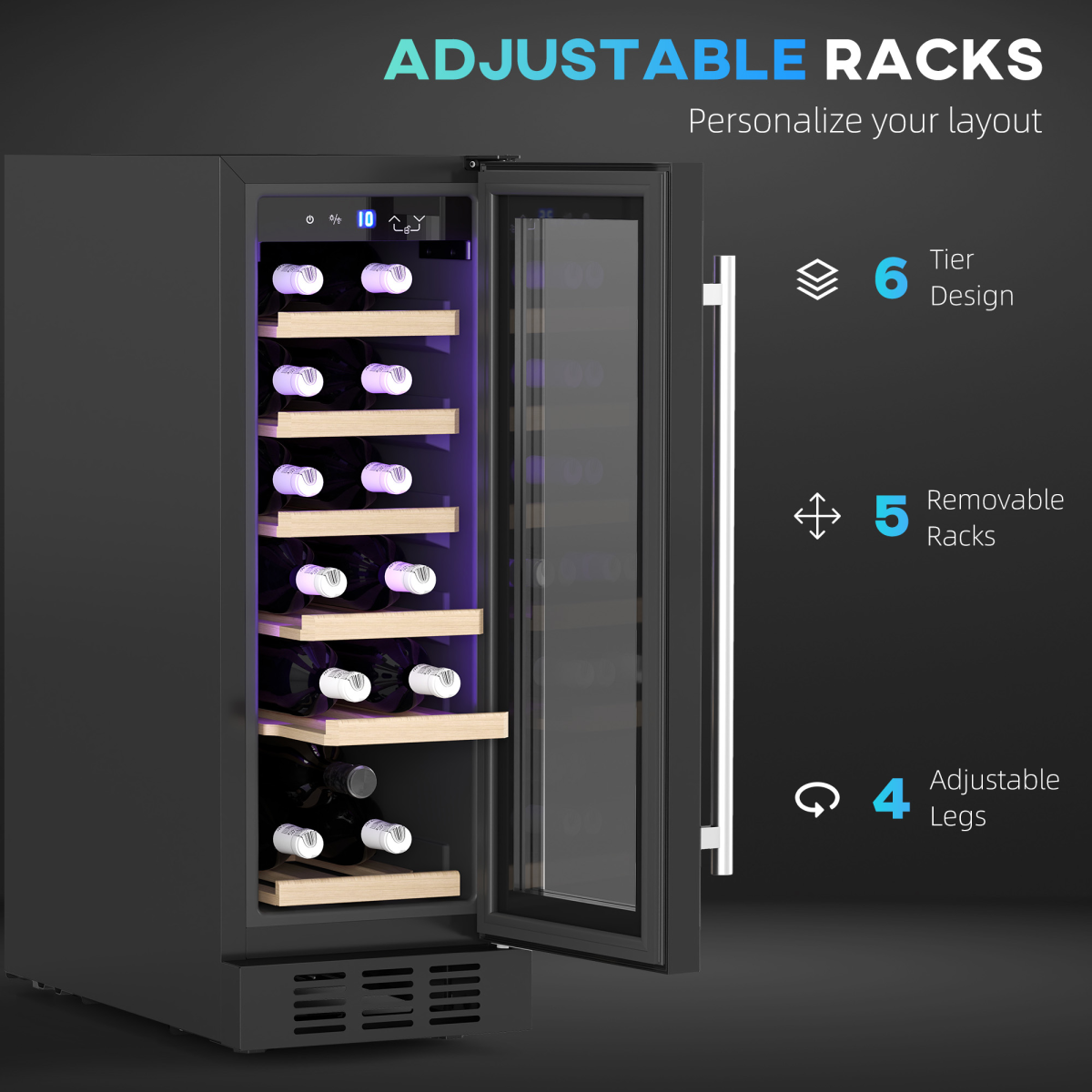 HOMCOM 19 Bottle Wine Cooler Fridge with Double-Tier Glass Door – Freestanding or Built-In, Black