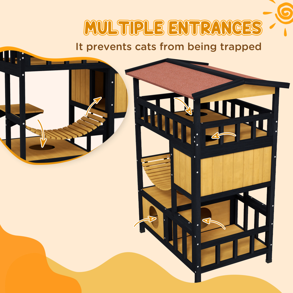 PawHut Outdoor Wooden Cat House with Suspension Bridge, Two Lounges and Sun Decks – Weather-Resistant Shelter, Yellow, Black and Red