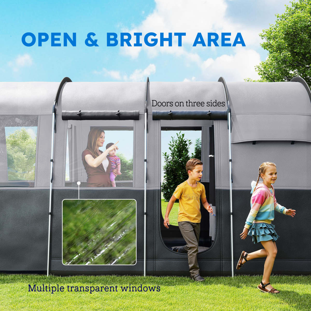 Outsunny 8-Person Tunnel Tent with 4 Large Windows & Removable Inner Walls – Family Camping Tent, Dark Grey
